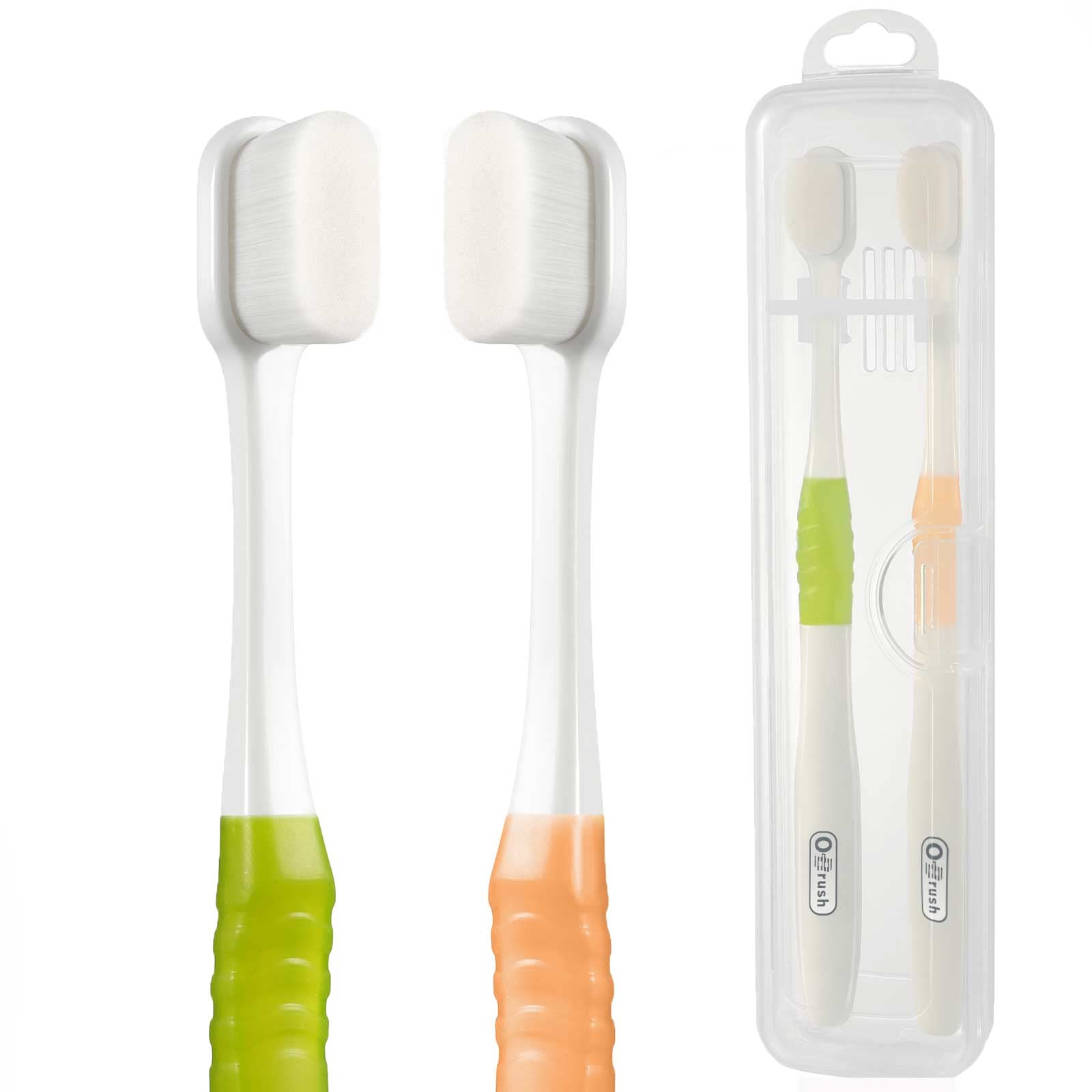 OBrush Ultra Soft Toothbrush for Sensitive Teeth & Gums - 20,000 Micro Nano Bristles Gentle Toothbrush for Adults, Pregnancy & Seniors - Includes Travel Case (2 Pack, Green/Beige) - Perfect for Travel, Daily Oral Care & Sensitive Teeth Relief