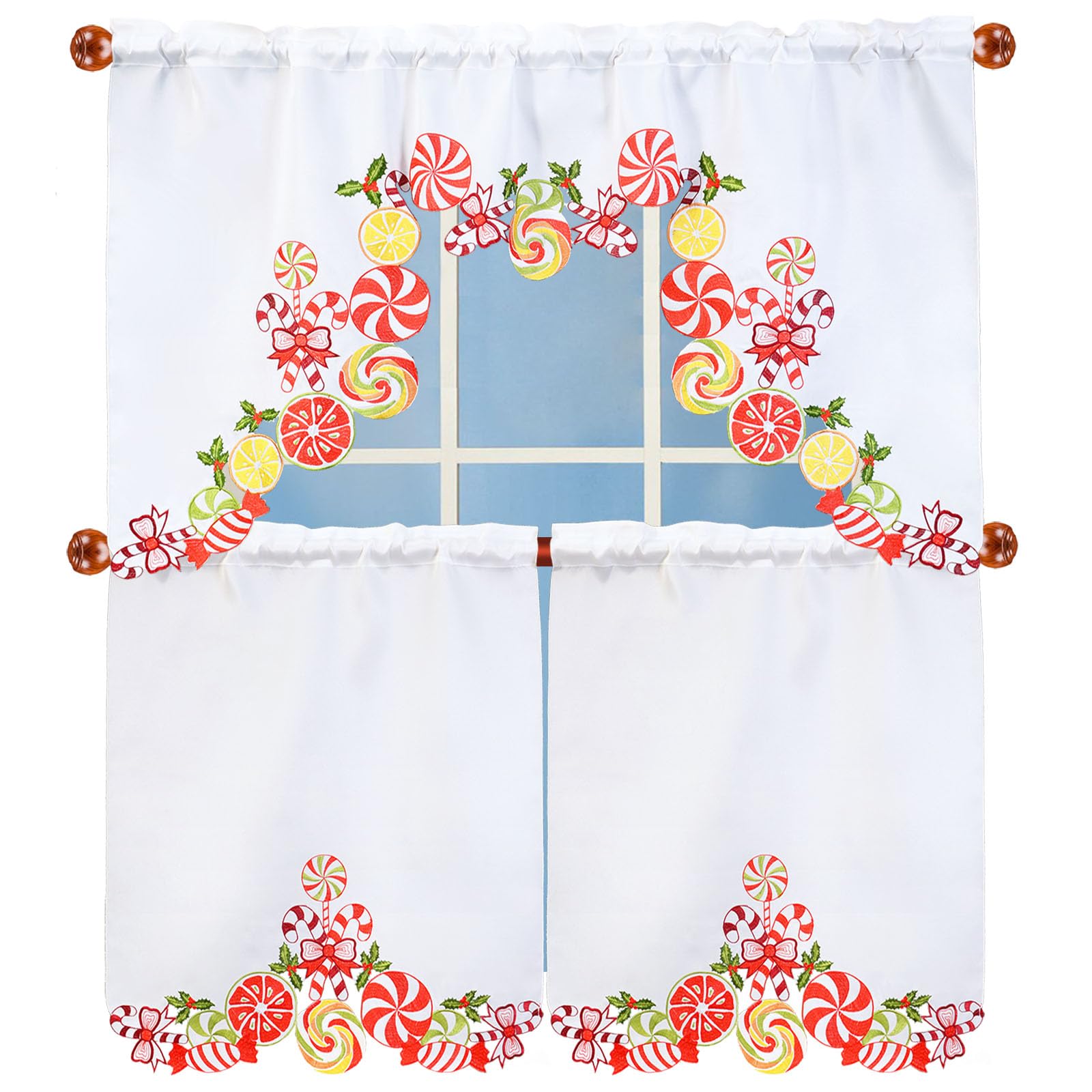 Simhomsen Embroidered Candy Cane Christmas Kitchen Window Curtain Set - Holiday Swag & Tiered Valance for Festive Home Decor - Perfect for Holiday Kitchen, Dining Room & Christmas Party Decorations