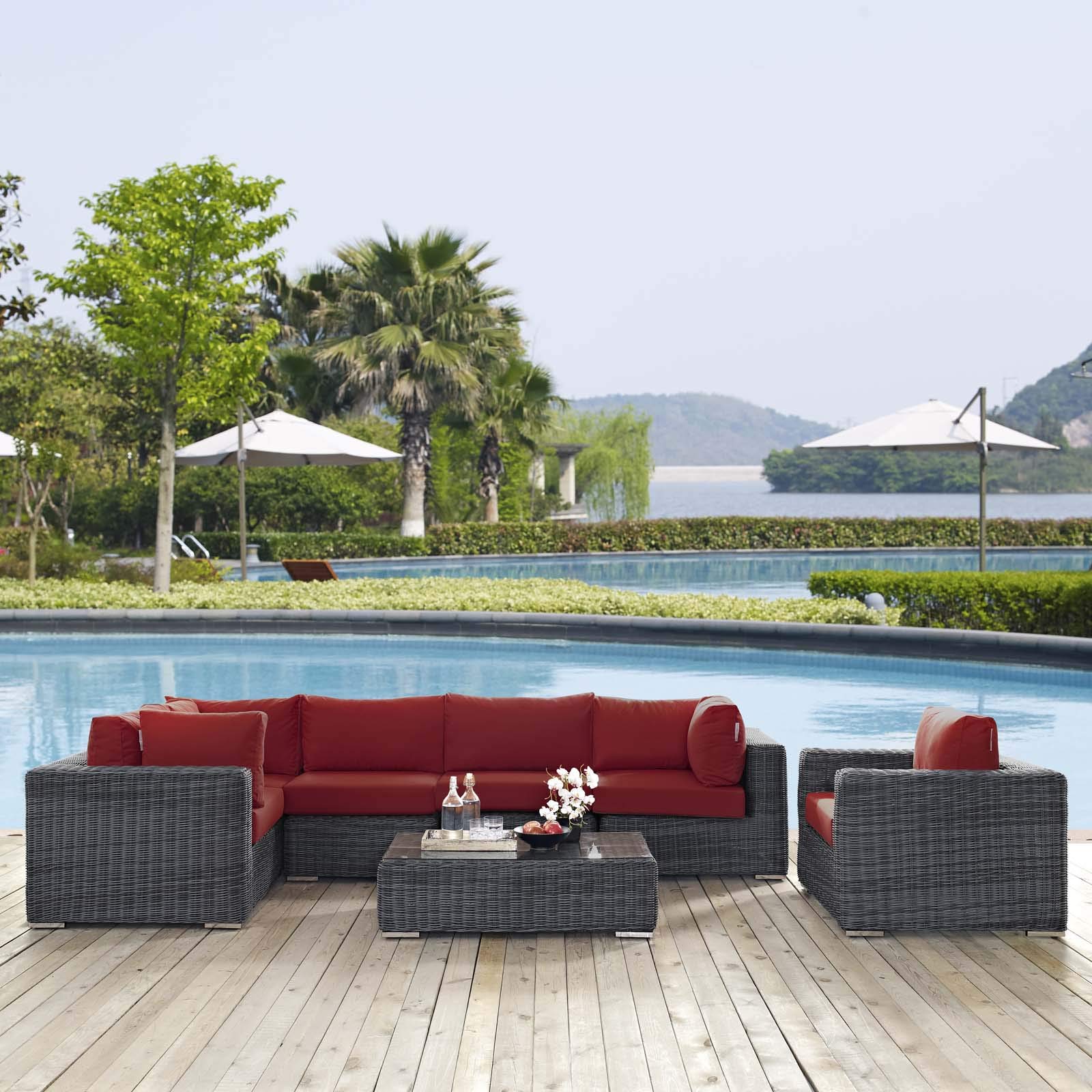 Modern Outdoor Patio Lounge Sectional Sofa Set - Rattan Wicker Furniture in Grey & Red for Backyard, Poolside & Garden Relaxation