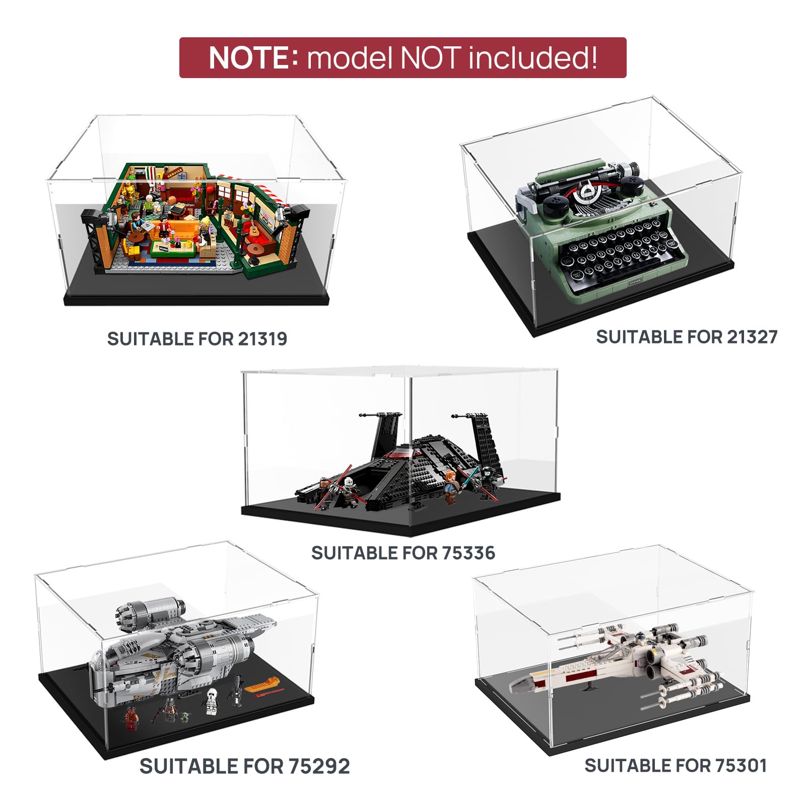 Nynelly Clear Acrylic Display Case for Lego 21319 & 75292 Sets - 11.8×15.7×7.9 Inch Countertop Showcase with Black Base - Perfect for Collectible Figures, Toys, and Miniature Displays - Ideal for Home, Office, or Retail Store Decor
