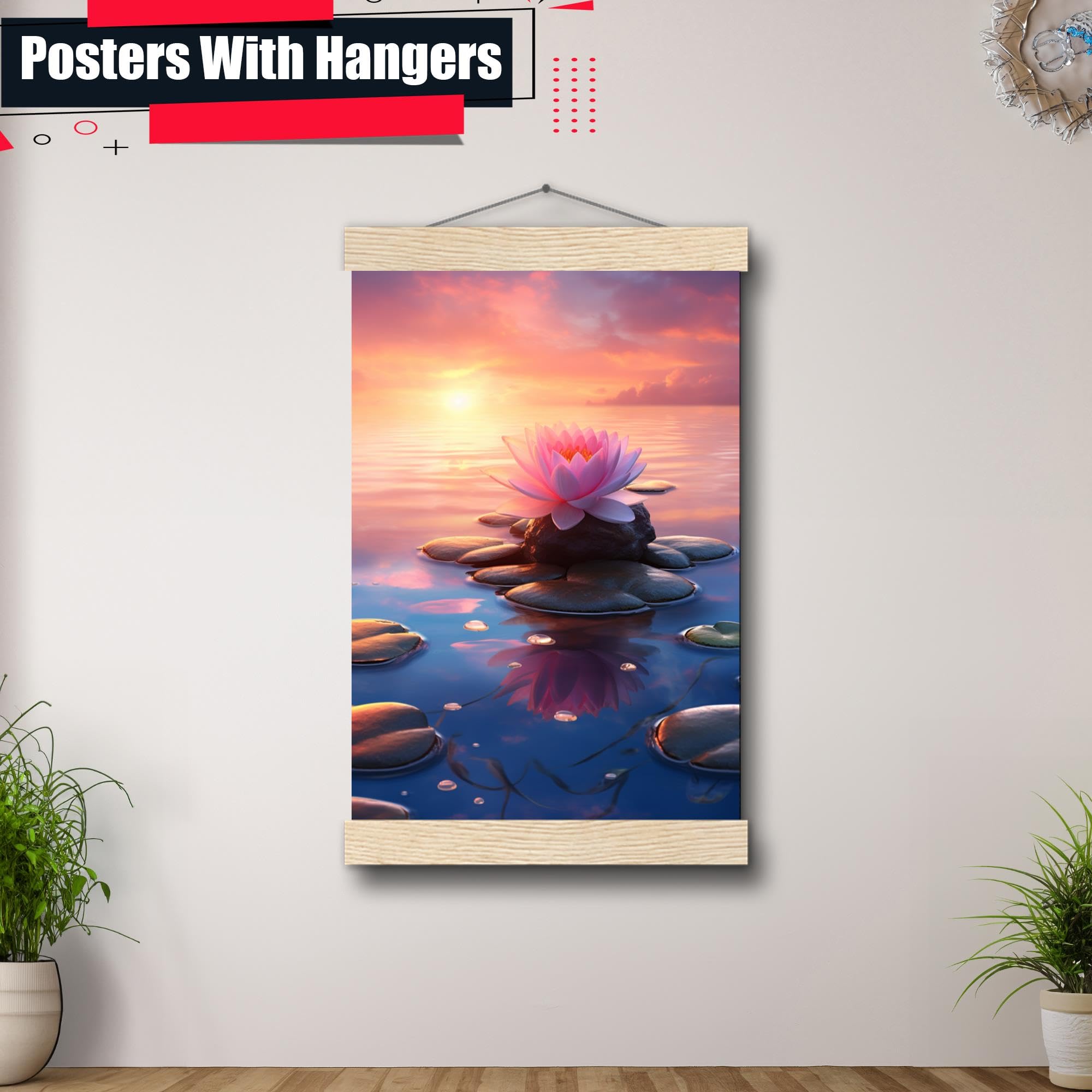 Zen Wall Art Decor - Framed Zen Garden Poster with Stone Flower & Peaceful Water Sunset - Meditation & Yoga Room Decor for Home, Office, Spa - Calming Scenery Wall Art Print for Relaxation & Mindfulness Spaces