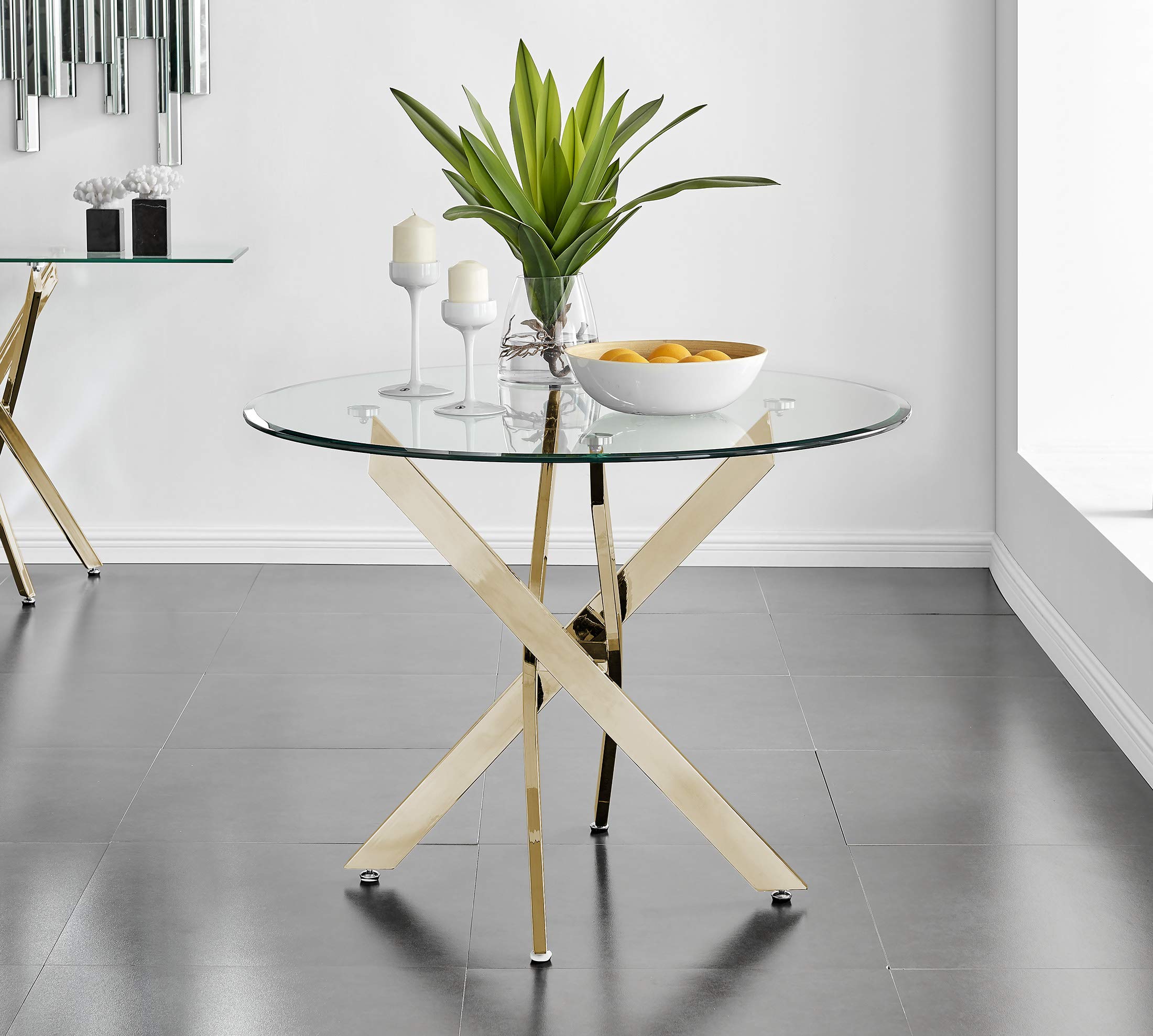 Novara Modern Round Glass Dining Table with Gold Chrome Legs - Elegant & Practical Dining Room Furniture for Small Spaces & Contemporary Homes - Perfect for Dinner Parties & Family Gatherings