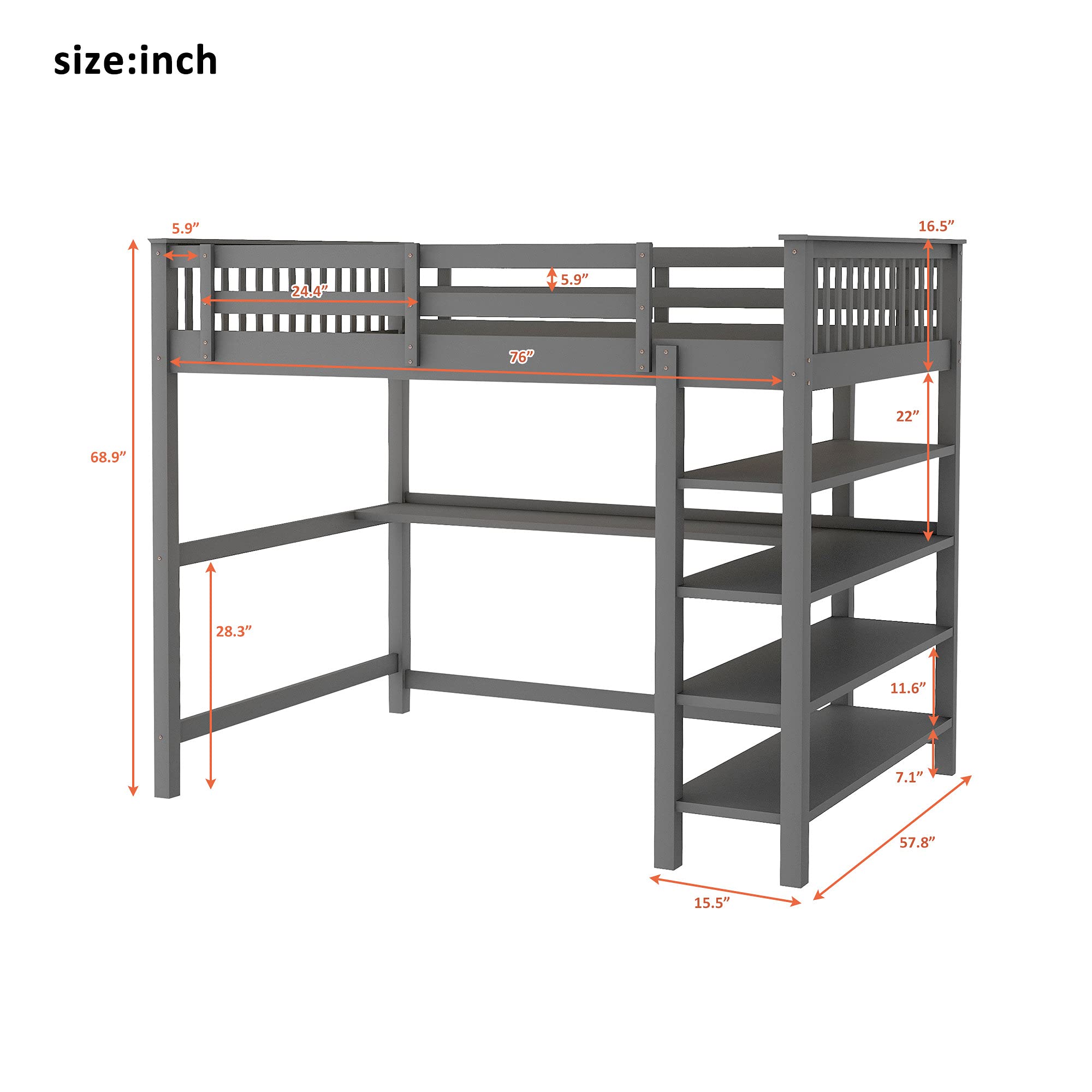 **Full Size Loft Bed with Storage Shelves & Under-Bed Desk - Wooden Bookcase Bed Frame with Stairs for Teens & Adults - No Box Spring Needed (Gray) - Perfect for Small Spaces, Dorms & Studio Apartments**