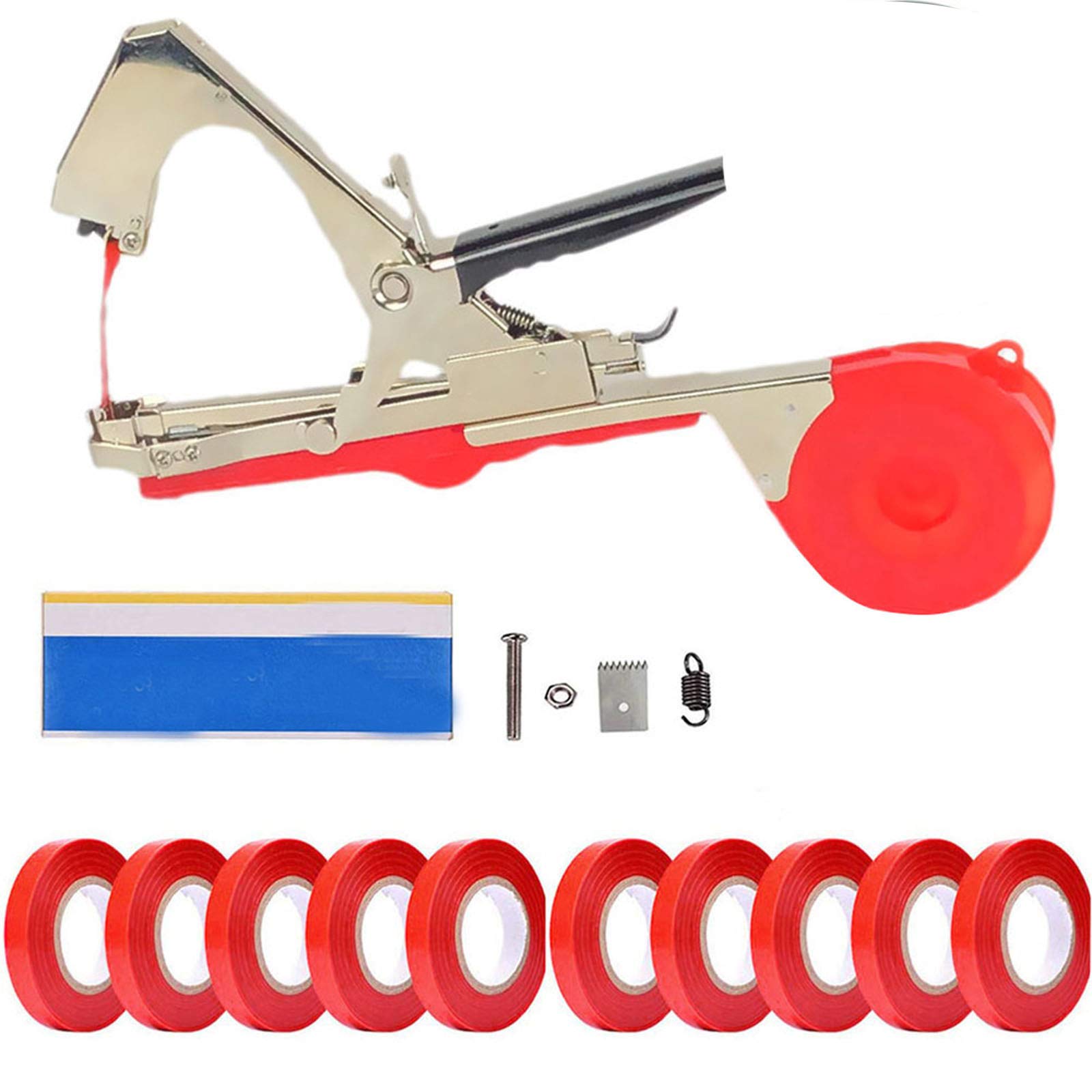 Plant Vine Tying Machine Tapener Tool - Garden Plant Tape Binder with 10 Rolls of Tapes (Red) | Perfect for Vineyard, Tomato, Grape & Rose Support | Easy Gardening & Farming Tool