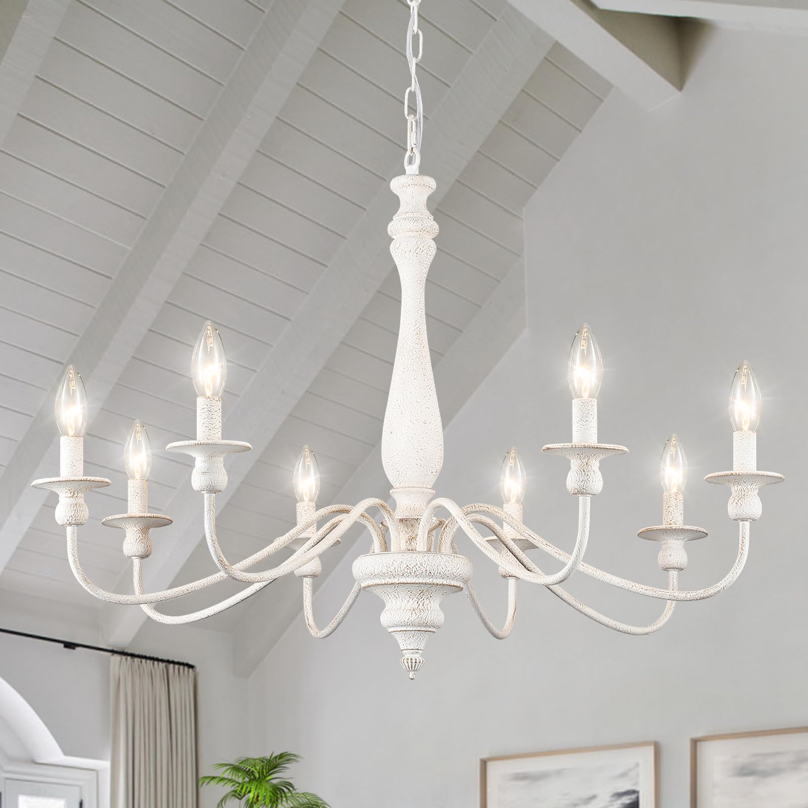 Distressed White French Country Chandelier - 8-Light Rustic Farmhouse Pendant Lighting for Dining Room, Living Room, Bedroom & Kitchen | Handmade Wood Candle Chandelier | Perfect for Farmhouse, Cottage & Vintage Home Decor