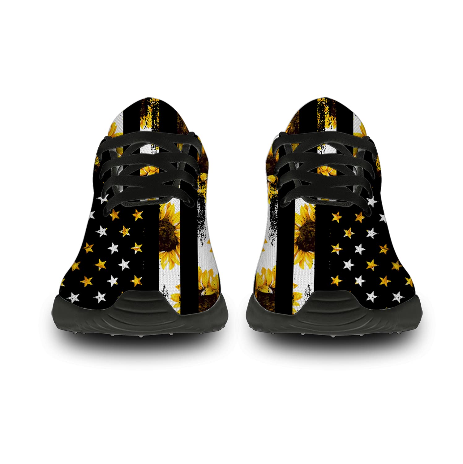**USA Flag Sneakers for Men & Women - Patriotic Running, Walking & Tennis Shoes with Sunflower Floral Design - Unisex Black Athletic Shoes (Size 7 Men/8.5 Women) - Perfect for 4th of July, Independence Day & Outdoor Activities**