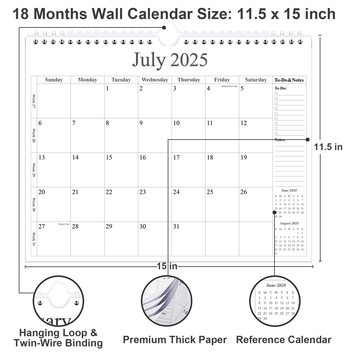 2025-2026 Wall Calendar | 18-Month Planner (July 2025-December 2026) | Premium Thick Paper, Durable Twin-Wire Binding & Hanging Hook | 12