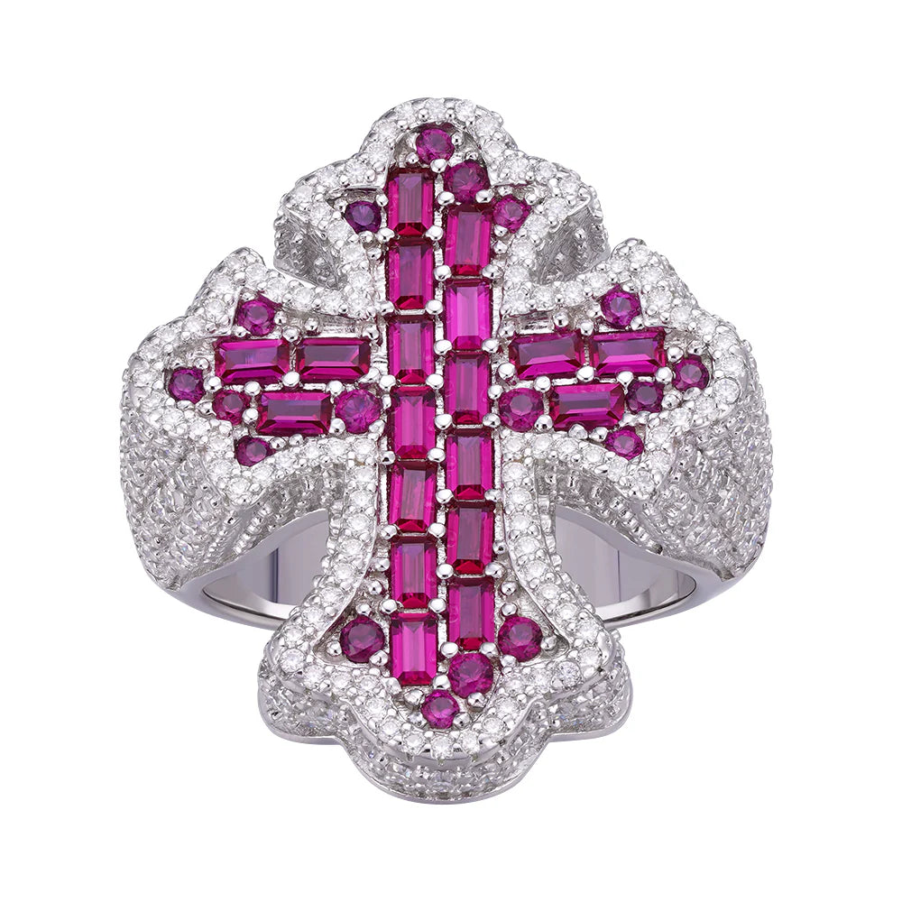 Moissanite Men's Cross Ring with Red Stone - 925 Sterling Silver Jewelry for Gifts, Weddings & Everyday Wear
