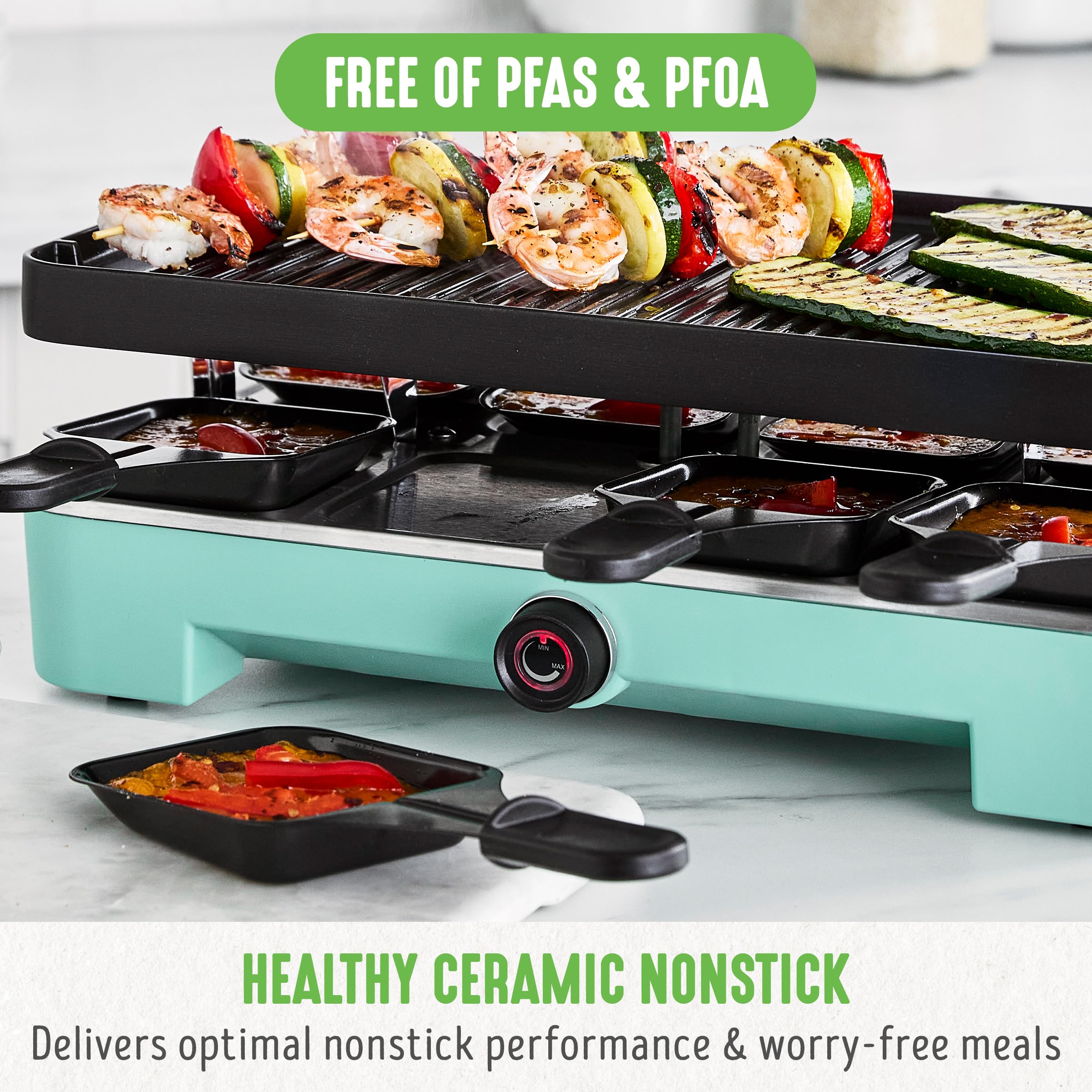 GreenLife Raclette Indoor Tabletop Grill - Healthy Ceramic Nonstick 2-in-1 Grill & Griddle with 8 Square Pans, Adjustable Temp Control & Indicator Light | PFAS-Free Turquoise Electric Raclette Maker for Family Gatherings & Dinner Parties
