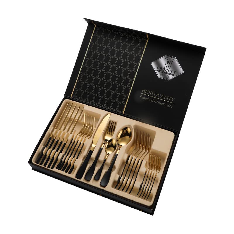 24-Piece Stainless Steel Silverware Set - Black Gold Cutlery Set with Steak Knives, Forks & Dessert Spoons - Elegant Dinnerware for 6 People - Perfect for Weddings, Parties & Formal Dining (Gift Box Included)