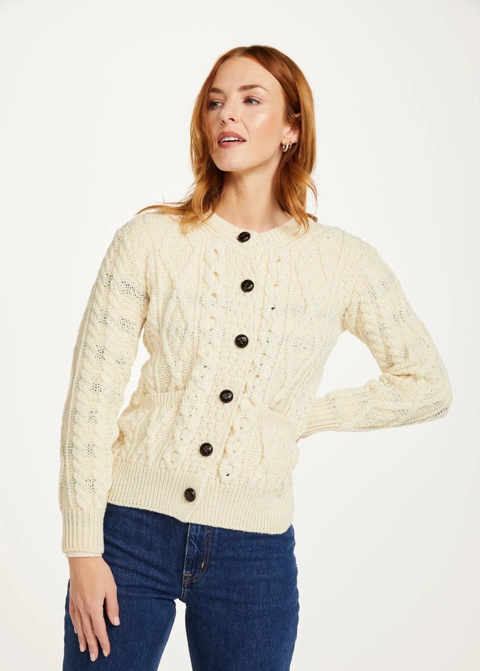 Inagh Ladies Aran Cardigan - Women's Natural Wool Sweater for Fall & Winter | Cozy Knit Cardigan for Casual Outfits, Office Wear & Holiday Season
