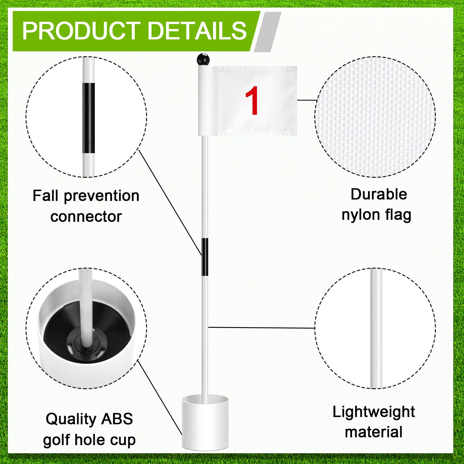Hungdao 3-Piece Golf Flagstick Set with Nylon Flags & Practice Cups - Portable 2-Section Putting Green Flag Poles for Backyard & Mini Golf Course | Perfect for Home Practice, Outdoor Training & Backyard Games
