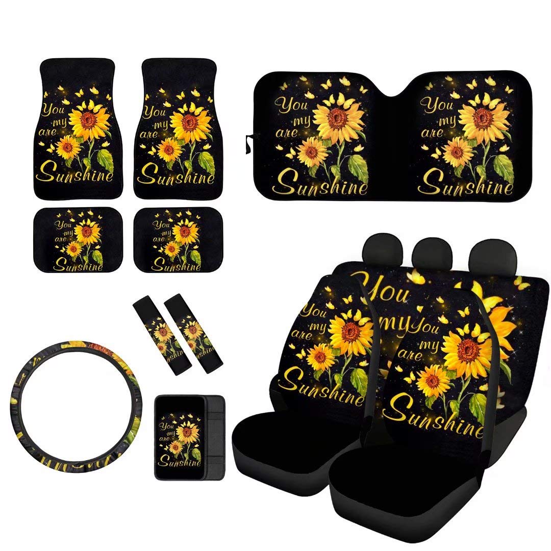 Youngerbaby 'You Are My Sunshine' Sunflower Print Car Accessories Set - Front & Rear Seat Covers, Steering Wheel Cover, Floor Mats & Seatbelt Pads for Auto Decoration | Perfect for Family Road Trips & Daily Commutes