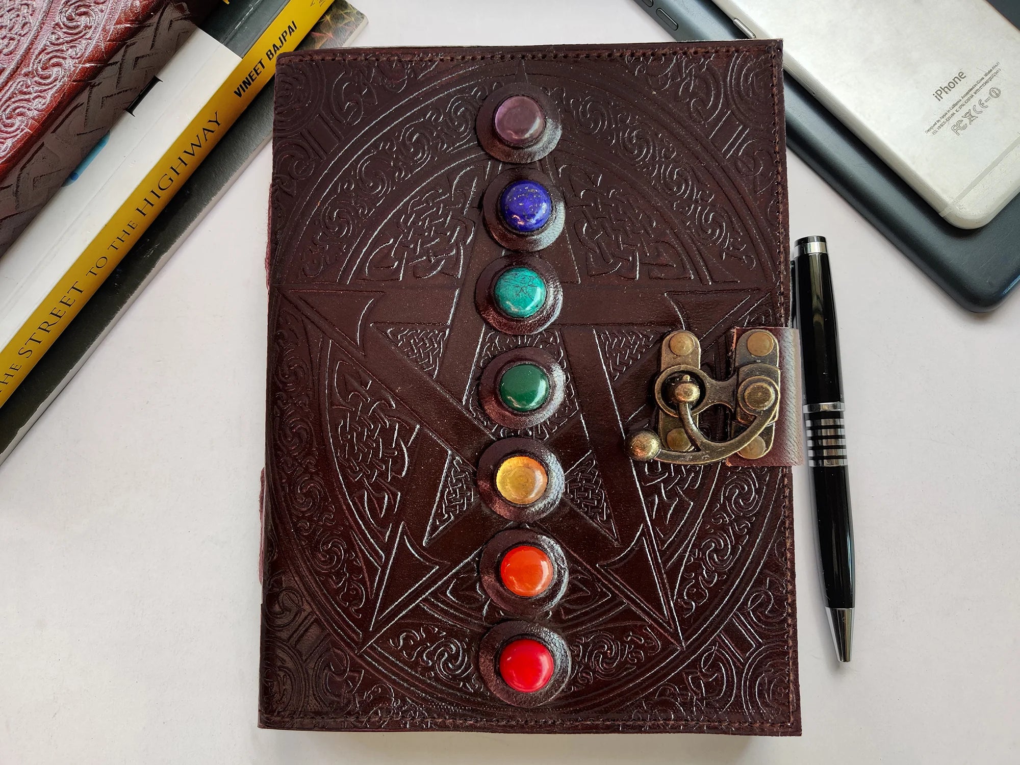 Vintage Leather Bound Journal with Lock - Handmade Antique 7 Stone Book of Shadows, Deckle Edge Paper - Perfect for Wiccan Rituals, Witchcraft, Gift Giving & Journaling