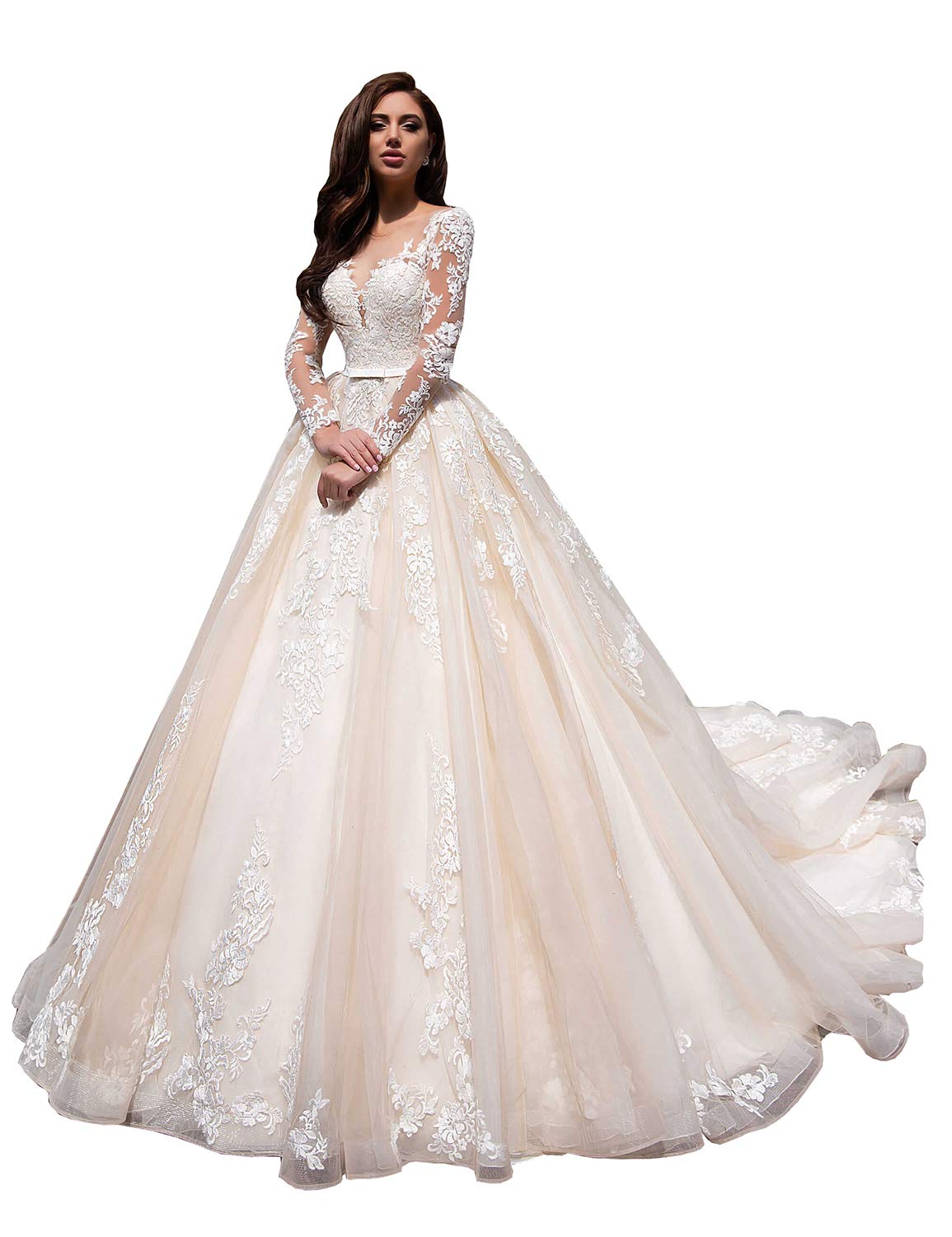 Elegant Ivory Lace A-Line Wedding Dress for Bride 2021 - Long Sleeve Princess Beach Bridal Gown | Perfect for Beach Weddings, Outdoor Ceremonies & Romantic Photoshoots