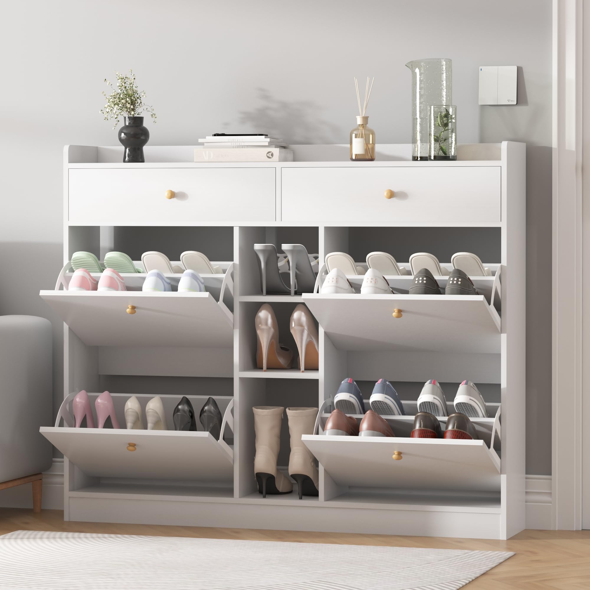 Modern White Shoe Cabinet for Entryway - Freestanding Shoe Rack Storage Organizer with Drawers | Perfect for Small Spaces, Hallway Organization & Shoe Storage Solutions