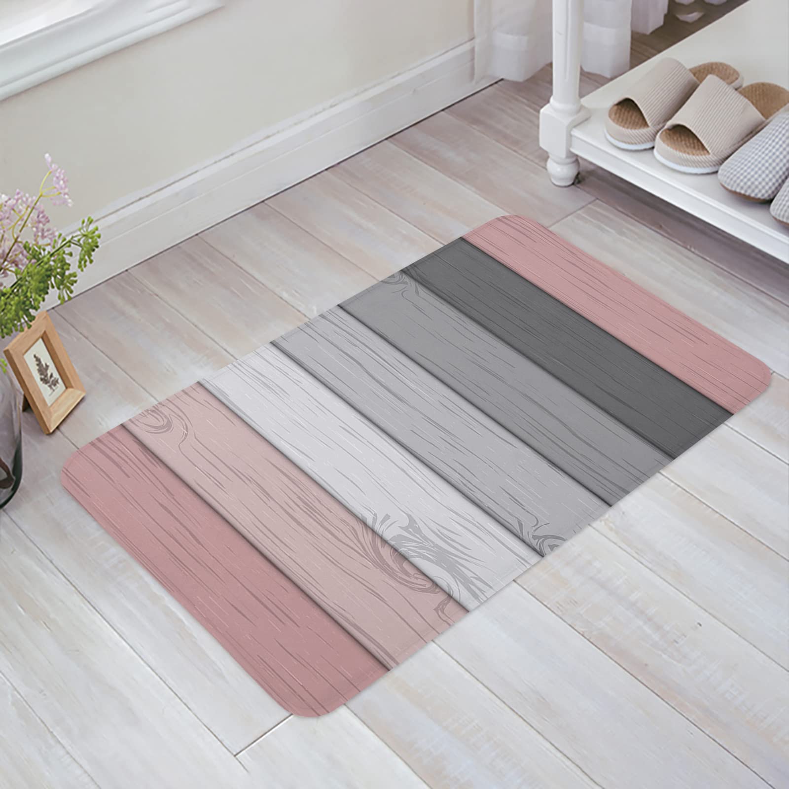 Rustic Farm Wood Grain Non-Slip Kitchen Mat Set of 2 - Pink Grey White Ombre Absorbent Washable Floor Rugs for Kitchen, Bathroom & Entryway | Perfect for Farmhouse Decor, Spill Protection & High-Traffic Areas