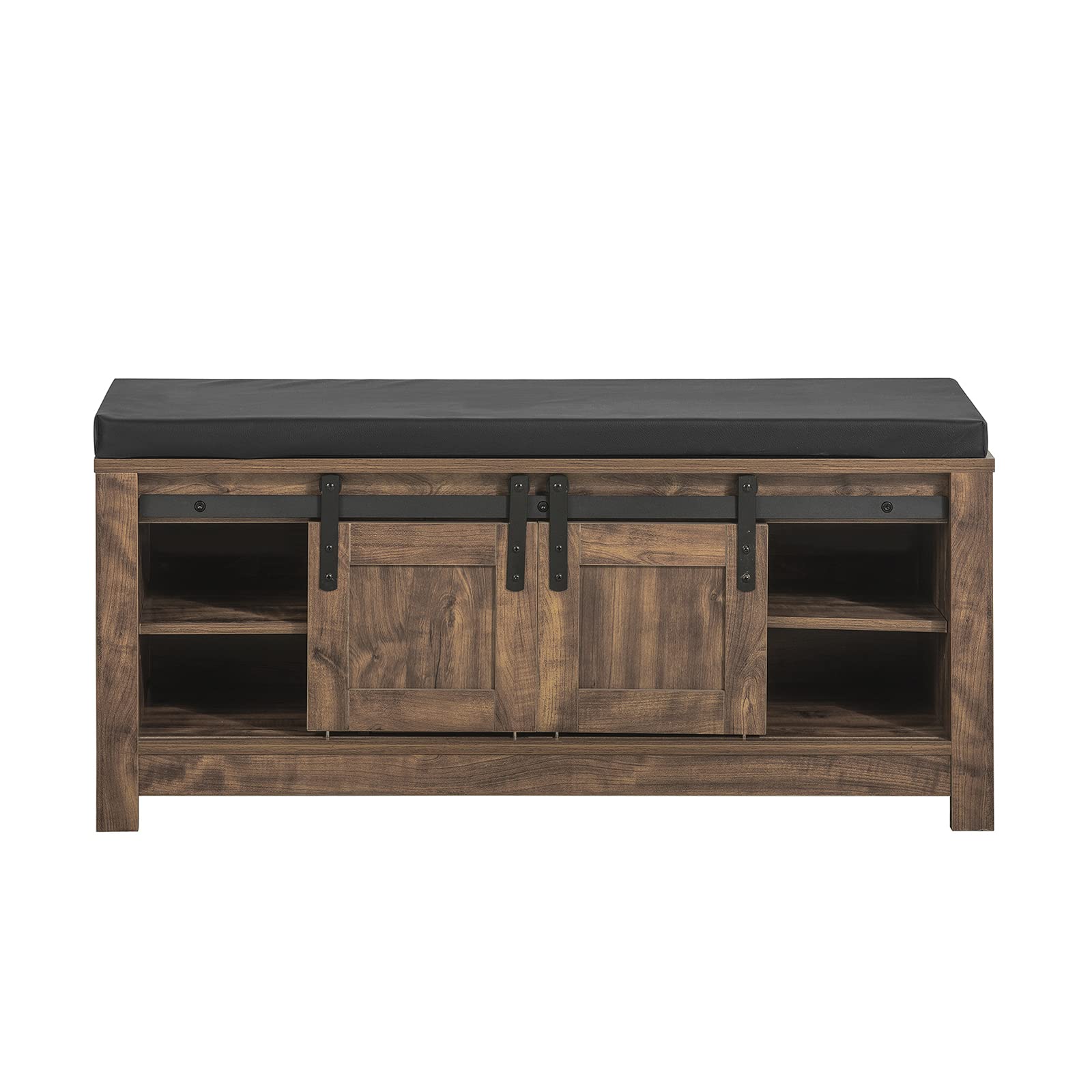Haotian Industrial Style Shoe Storage Bench with Sliding Barn Doors - Entryway Hallway Shoe Cabinet with Drawer & Padded Seat Cushion - Rustic Window Bench for Mudroom, Living Room or Bedroom - Brown (FSR118-N)