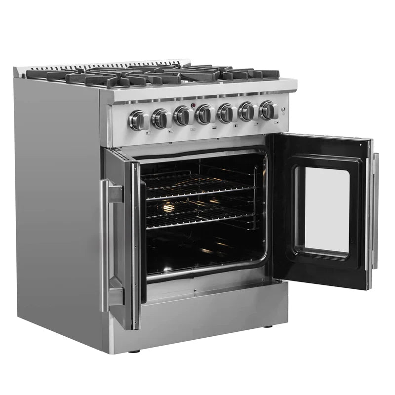 FORNO 30 Inch Freestanding Dual Fuel Range - Stainless Steel French Door Oven with 5 Burners & 68,000 BTU - Model FFSGS6356 - Perfect for Modern Kitchens & Professional Cooking