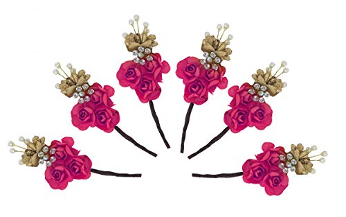 Elegant Dark Pink Hair Flower Pins for Women & Girls - 6-Piece Bun Decor Set | Perfect for Weddings, Prom & Special Occasions