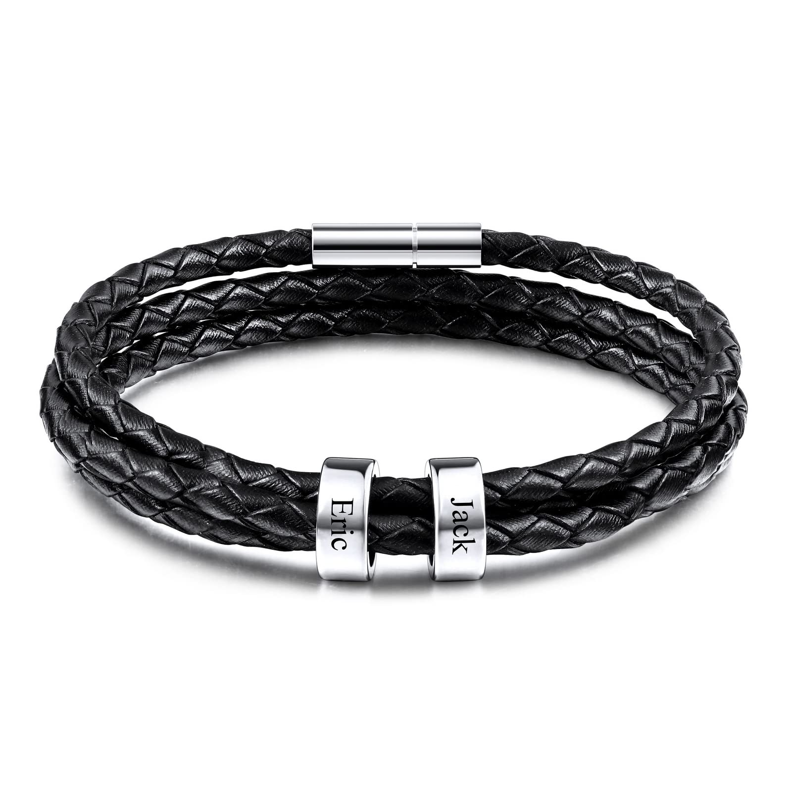Custom Engraved Leather Braided Bracelet for Men with 2-6 Name Beads - Personalized Gifts for Boyfriend, Husband, Dad - Trendy Rope Bracelet Jewelry for Casual Wear, Date Night & Special Occasions