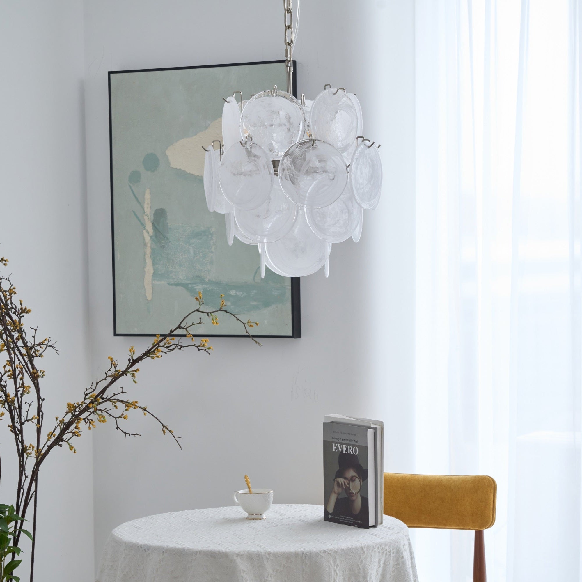 Elegant Aqua White Glass Murano Chandelier - Handcrafted Venetian Lighting Fixture for Dining Room, Bedroom & Living Room Decor