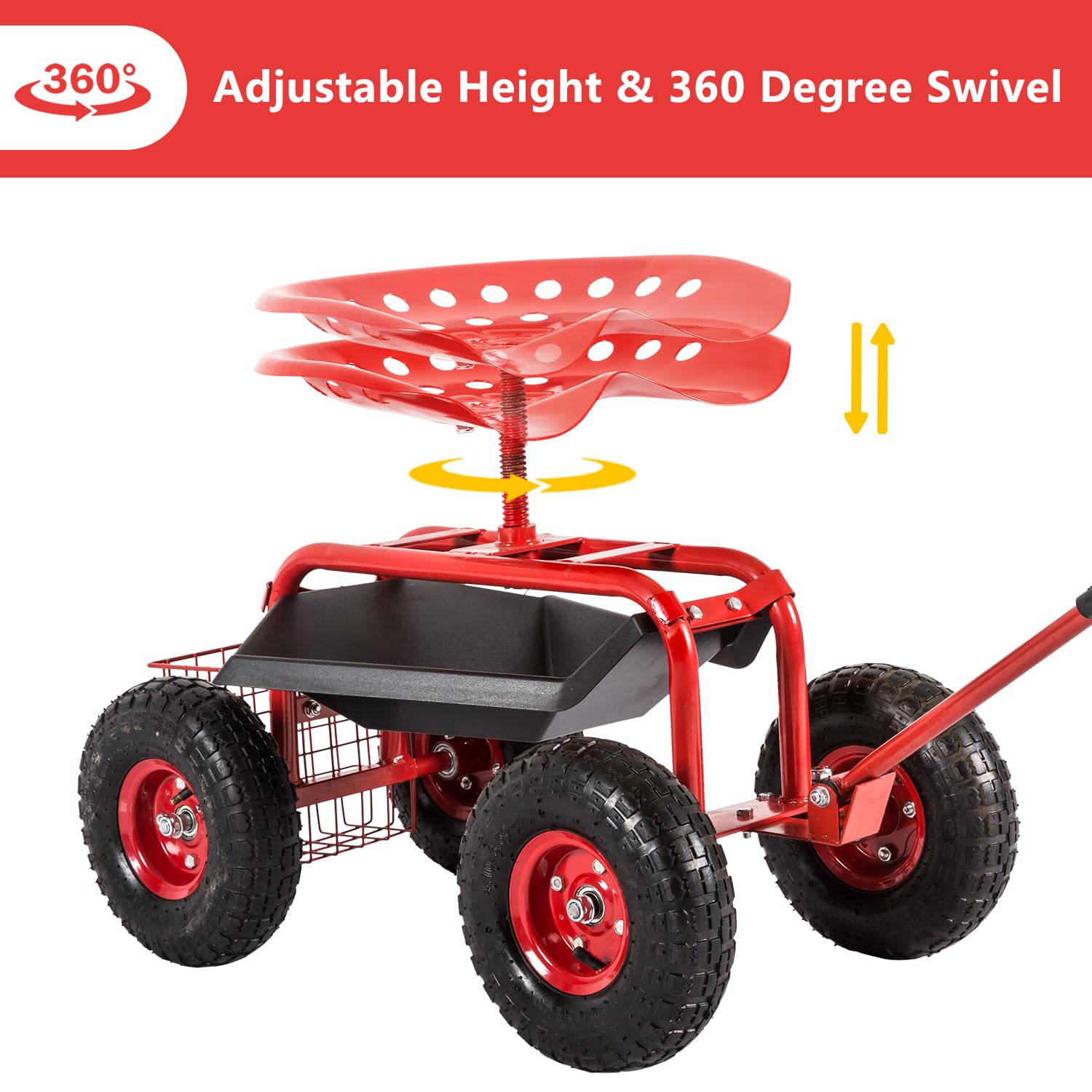 **360° Swivel Rolling Garden Seat with Wheels - Adjustable Garden Cart with Tool Tray & Storage Basket, Red - Perfect for Gardening, Landscaping & Outdoor Work**