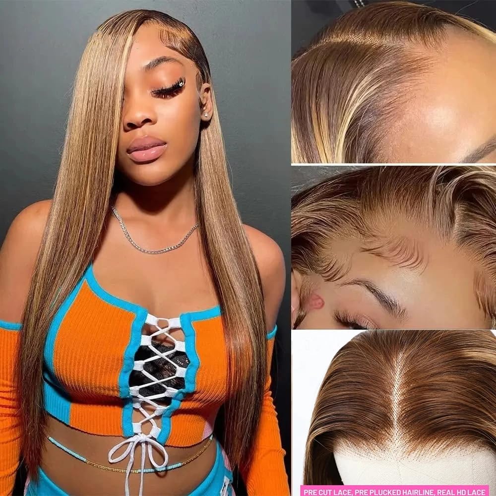 30 Inch Honey Blonde 4/27 Lace Front Wig - 13x4 HD Transparent Lace Human Hair Wig with Ombre Highlights, 180% Density Pre-Plucked with Baby Hair - Perfect for Daily Wear, Cosplay & Special Occasions