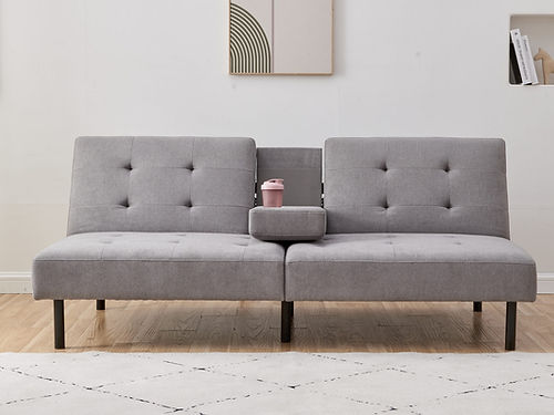 Grey Fabric Sofa Bed with Cup Holders - Convertible Sleeper for Small Spaces, Living Room, Guest Room & Studio Apartments