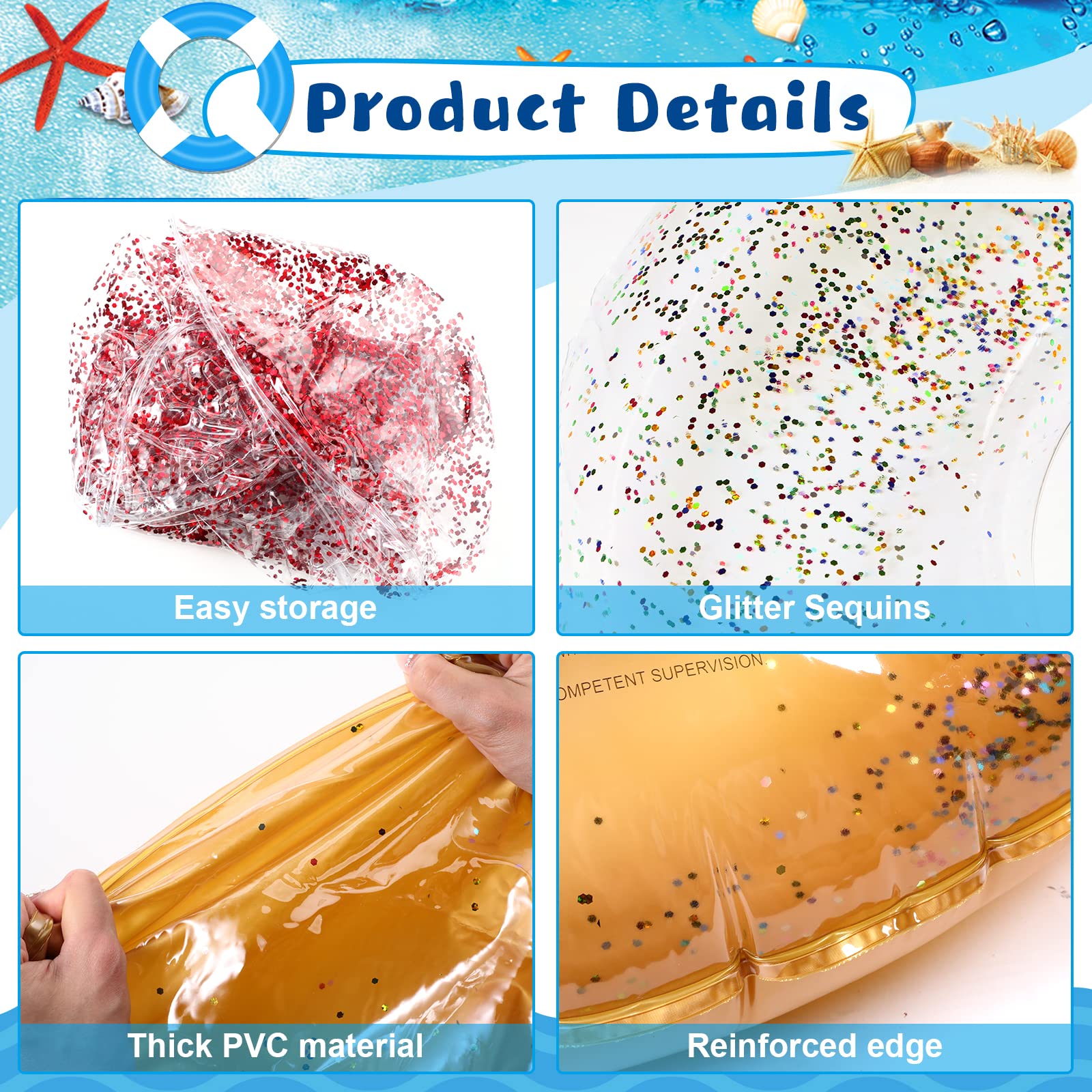 8-Piece Transparent Glitter Inflatable Pool Float Tubes for Kids - Swim Rings for Boys & Girls, Summer Beach Party Decorations, Pool & Lake Water Fun Accessories