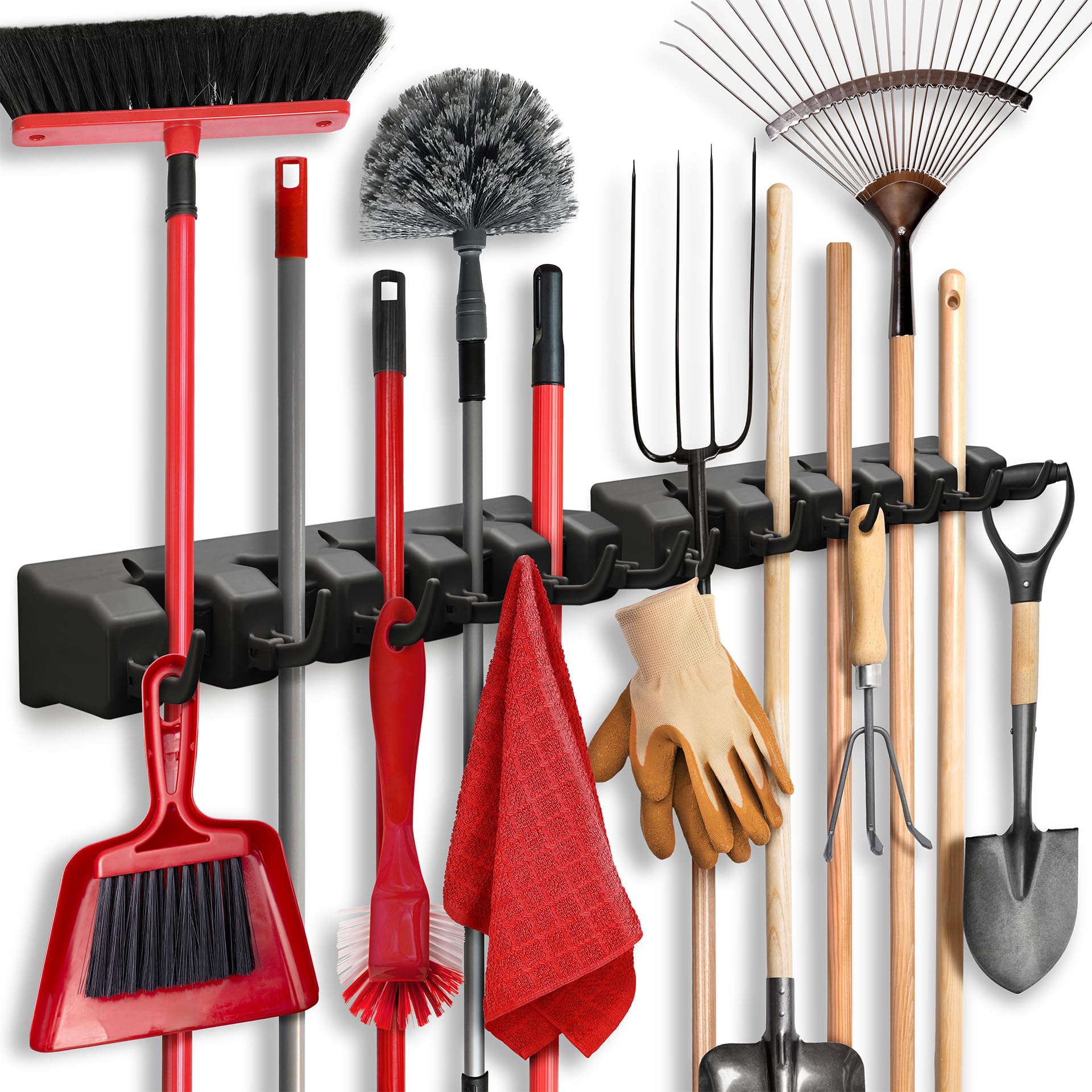 2 Pack Heavy Duty Wall Mount Mop and Broom Holder - 5 Slots & 6 Hooks Garage Storage Organizer with 7.5lbs Capacity Per Slot - Space Saving Solution for Home, Kitchen, Closet, Laundry Room - Perfect for Brooms, Mops, Rakes and Cleaning Tools (Black)