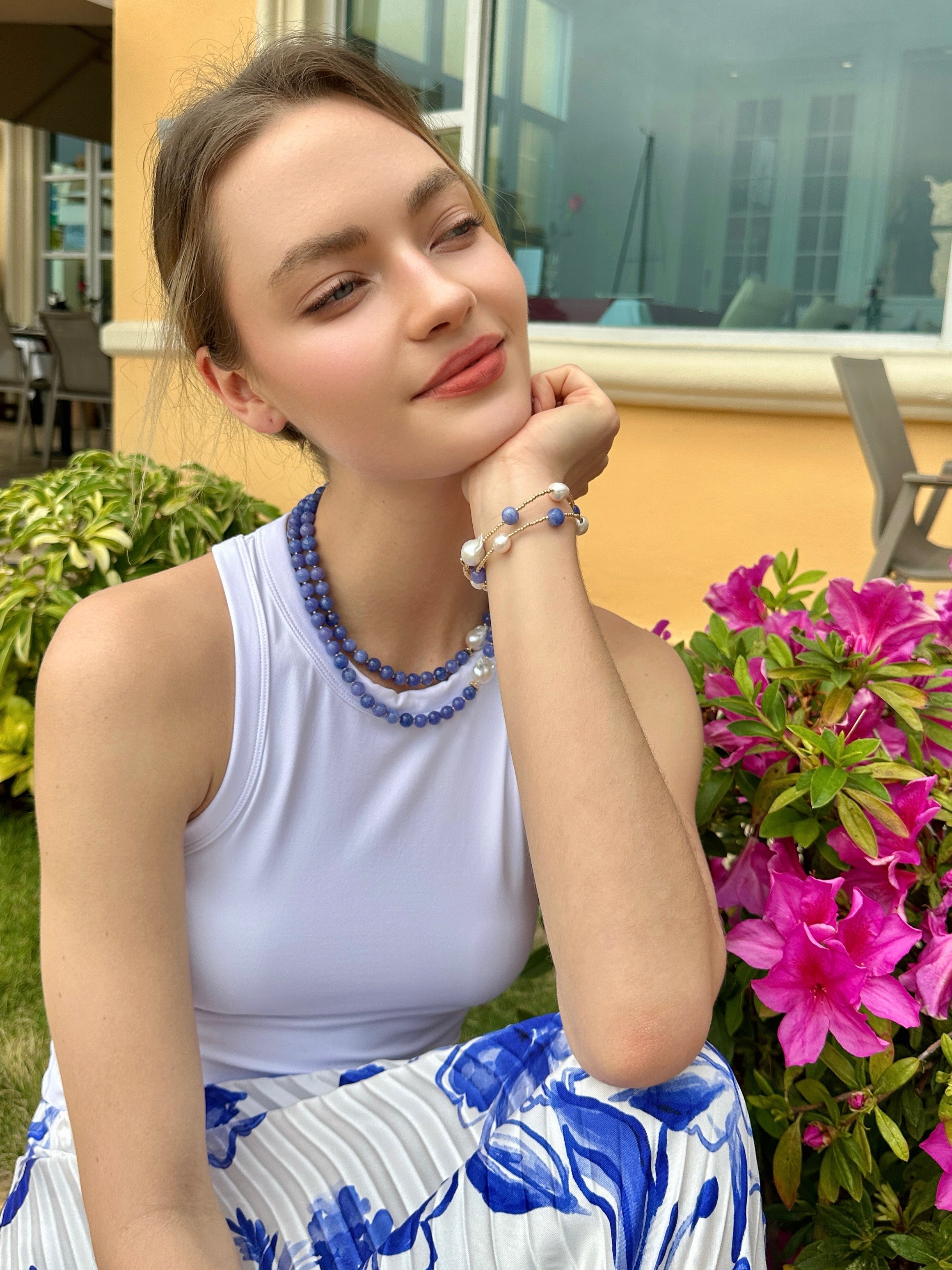 Blue Jade and Baroque Pearls Double Layer Bracelet LB010 - Elegant Handmade Jewelry for Women, Perfect for Weddings, Parties & Everyday Wear