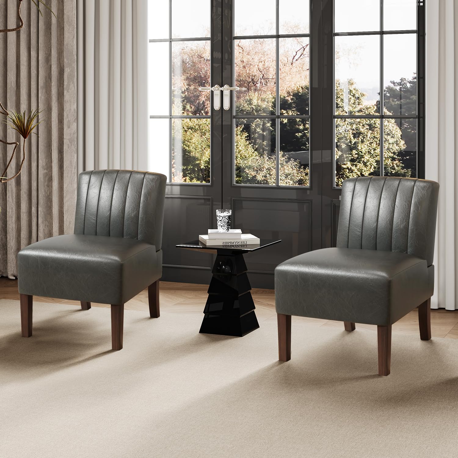 2 Armless Accent Chairs Set - Upholstered Dining & Living Room Chairs with Solid Wood Legs - Modern Bedroom, Vanity & Kitchen Seating - Soft Leather Reading Chairs in Grey - Perfect for Small Spaces, Home Office & Cozy Corners
