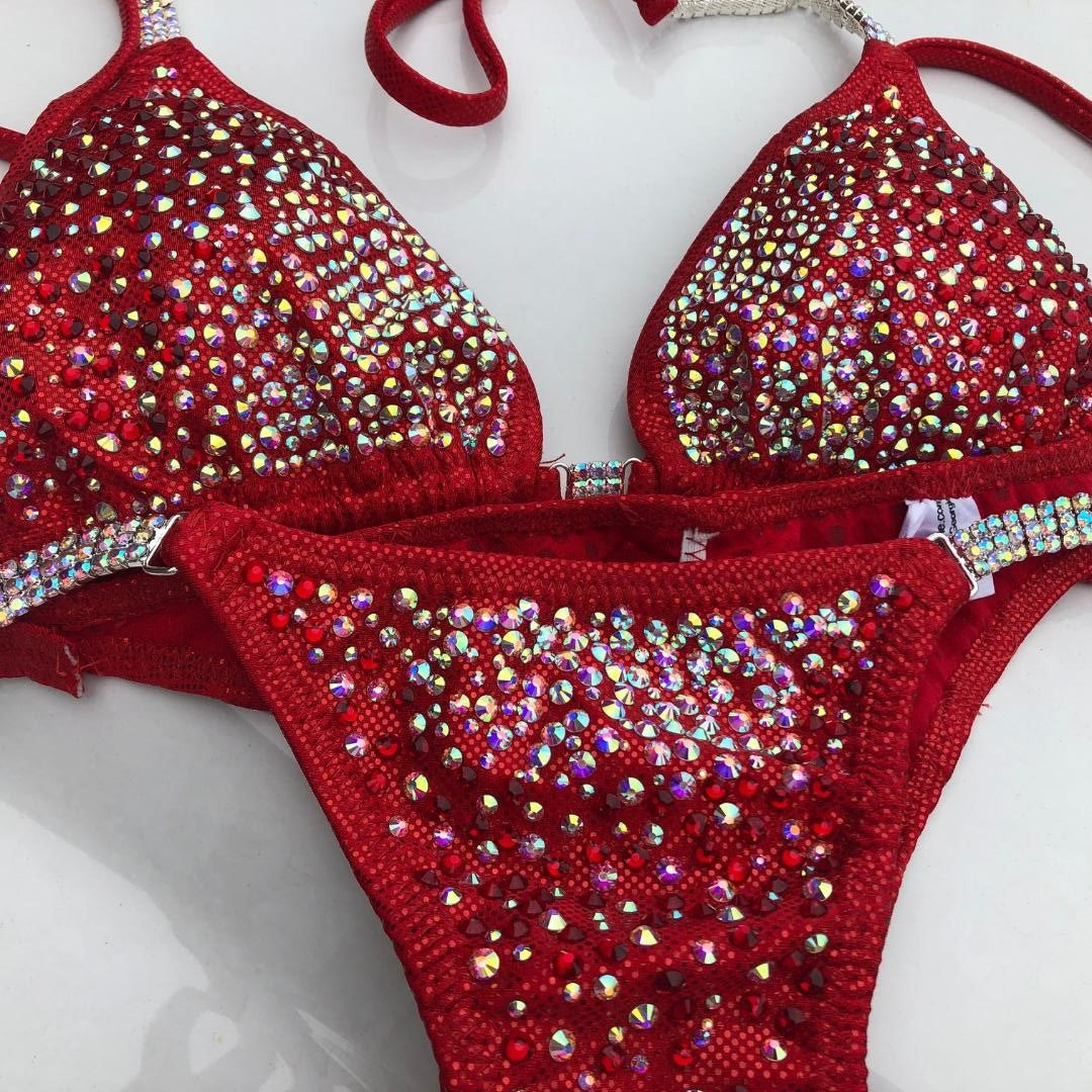 Stunning Red Bikini Competition Suit with Beaded Rhinestone & AB Crystals - Perfect for Swimwear Pageants, Beach Vacations, and Poolside Glamour