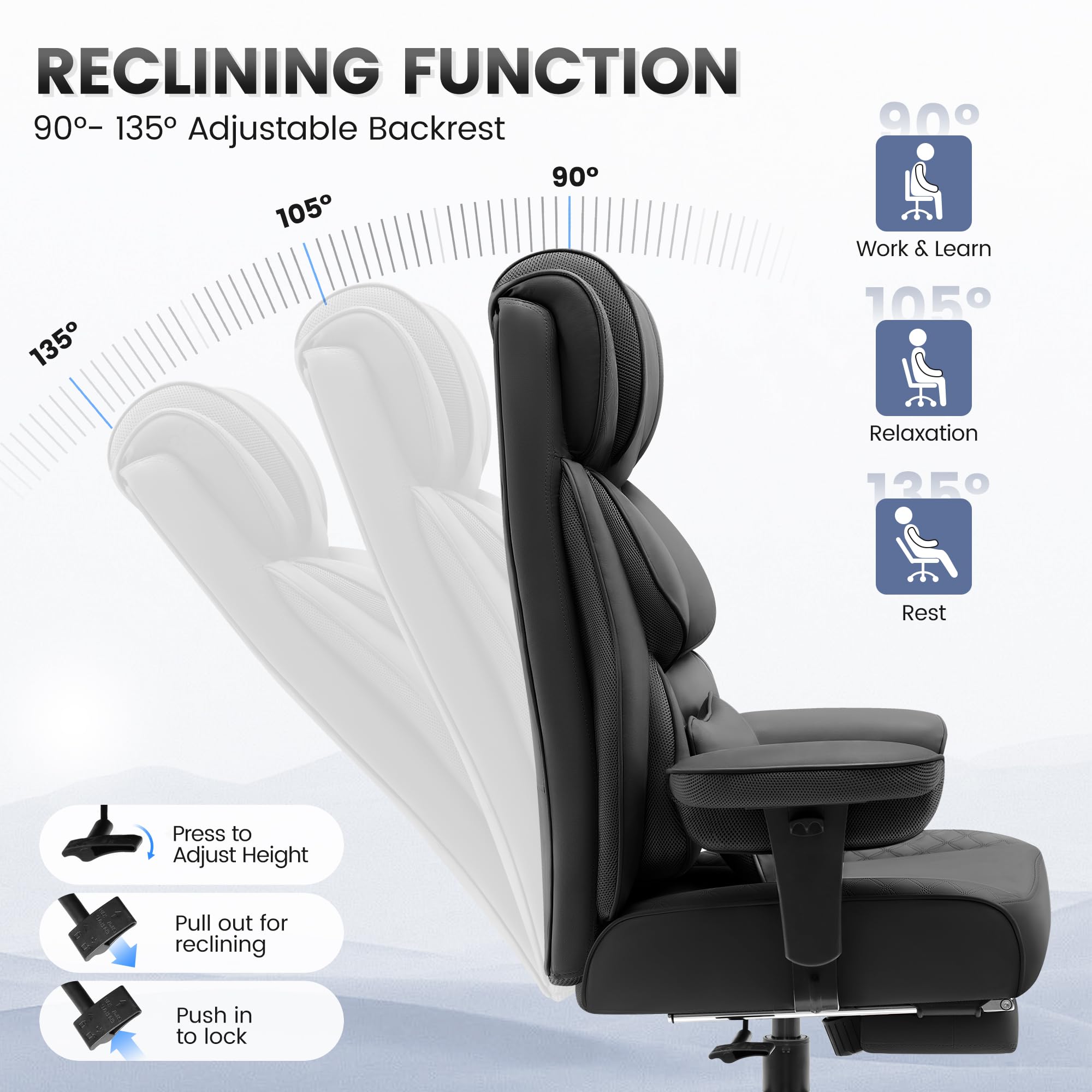 Premium Big and Tall Leather Gaming Chair with Footrest - Ergonomic High-Back Office Desk Chair, Executive Reclining Computer Chair with Lumbar Support & Swivel Wheels - Perfect for Home Office, Gaming Setup & Workspace (Black)