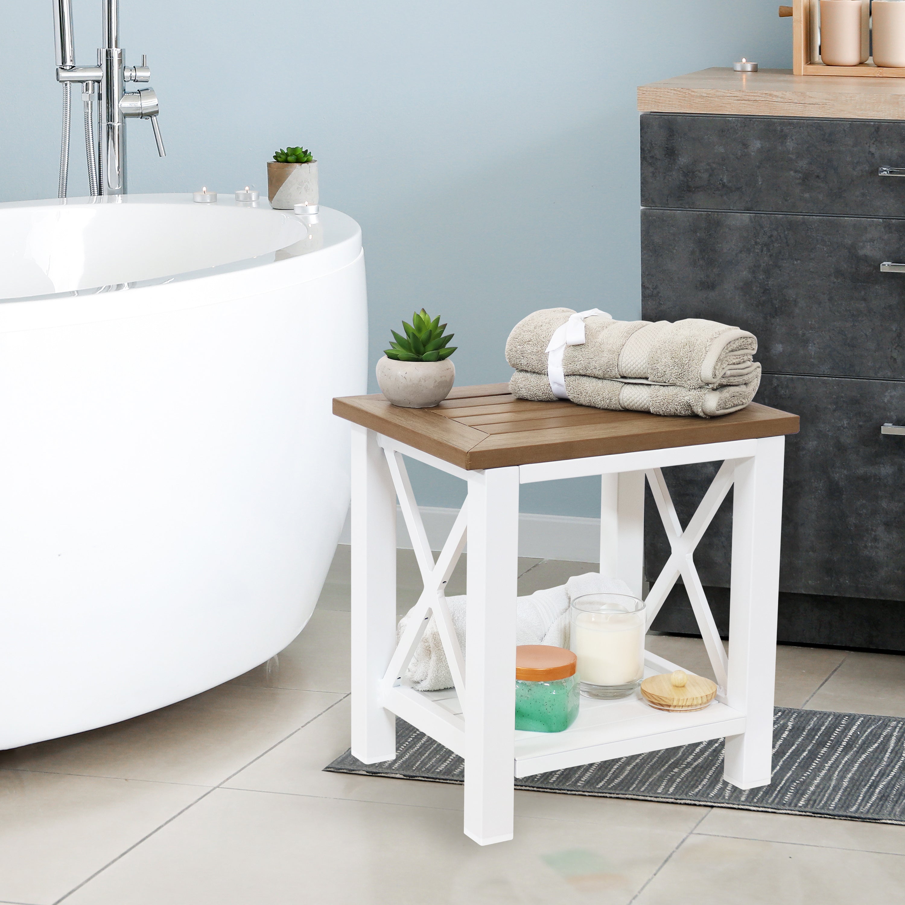 Sunnydaze Waterproof Bathroom Shower Bench with Storage Shelf - Foldable Teak Wood Seat for Elderly & Disabled - Non-Slip Shower Chair for Bathtub Safety - Perfect for Spa, Sauna & Home Bathroom Use