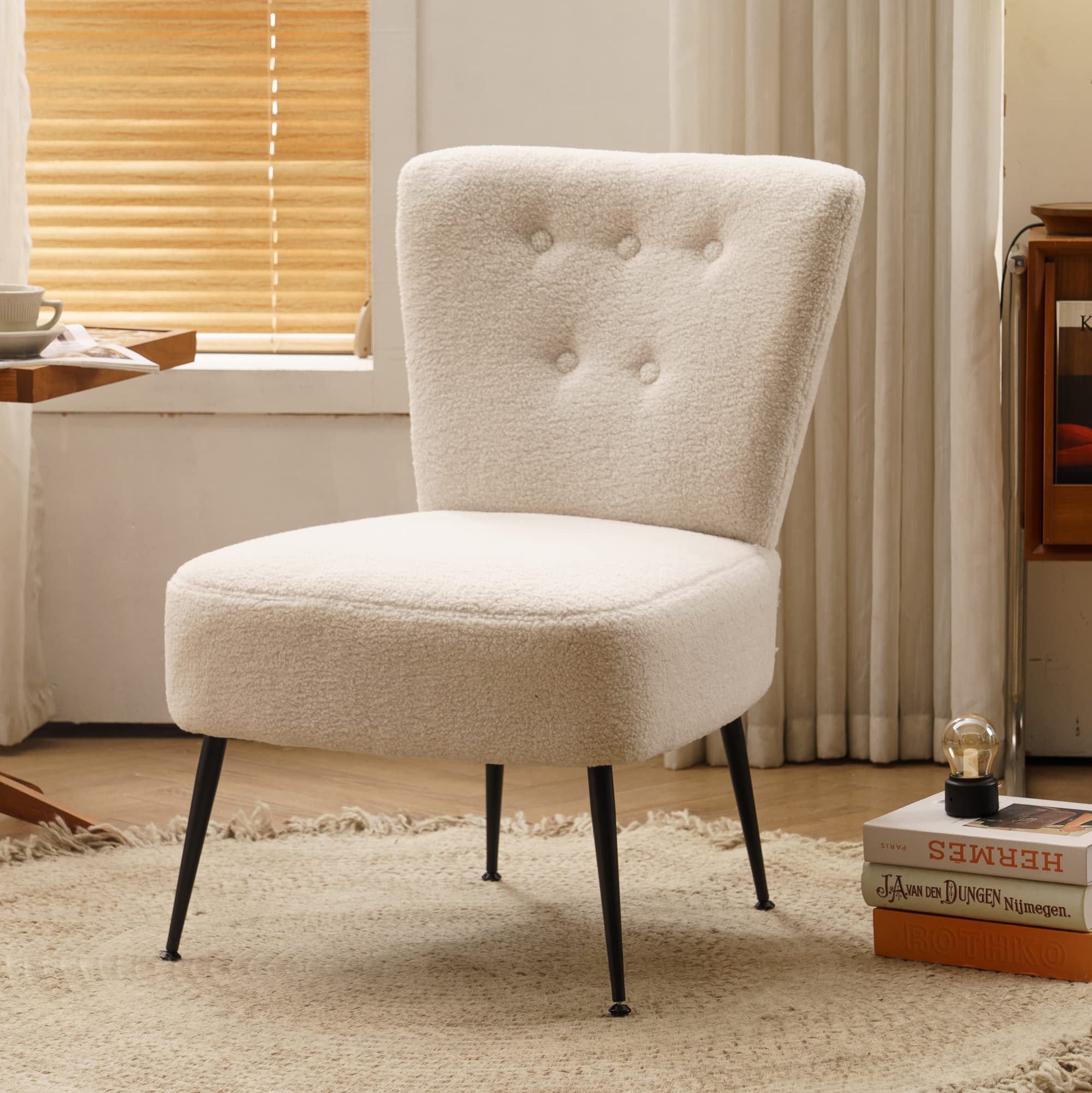 Yoglad Armless Accent Chair - Tufted Padded Seat Teddy Fabric Upholstered Reading Chair with Wooden Frame & Metal Legs for Living Room, Bedroom, Home Office Decor (White) | Perfect for Cozy Reading Nooks, Small Spaces & Modern Interior Design