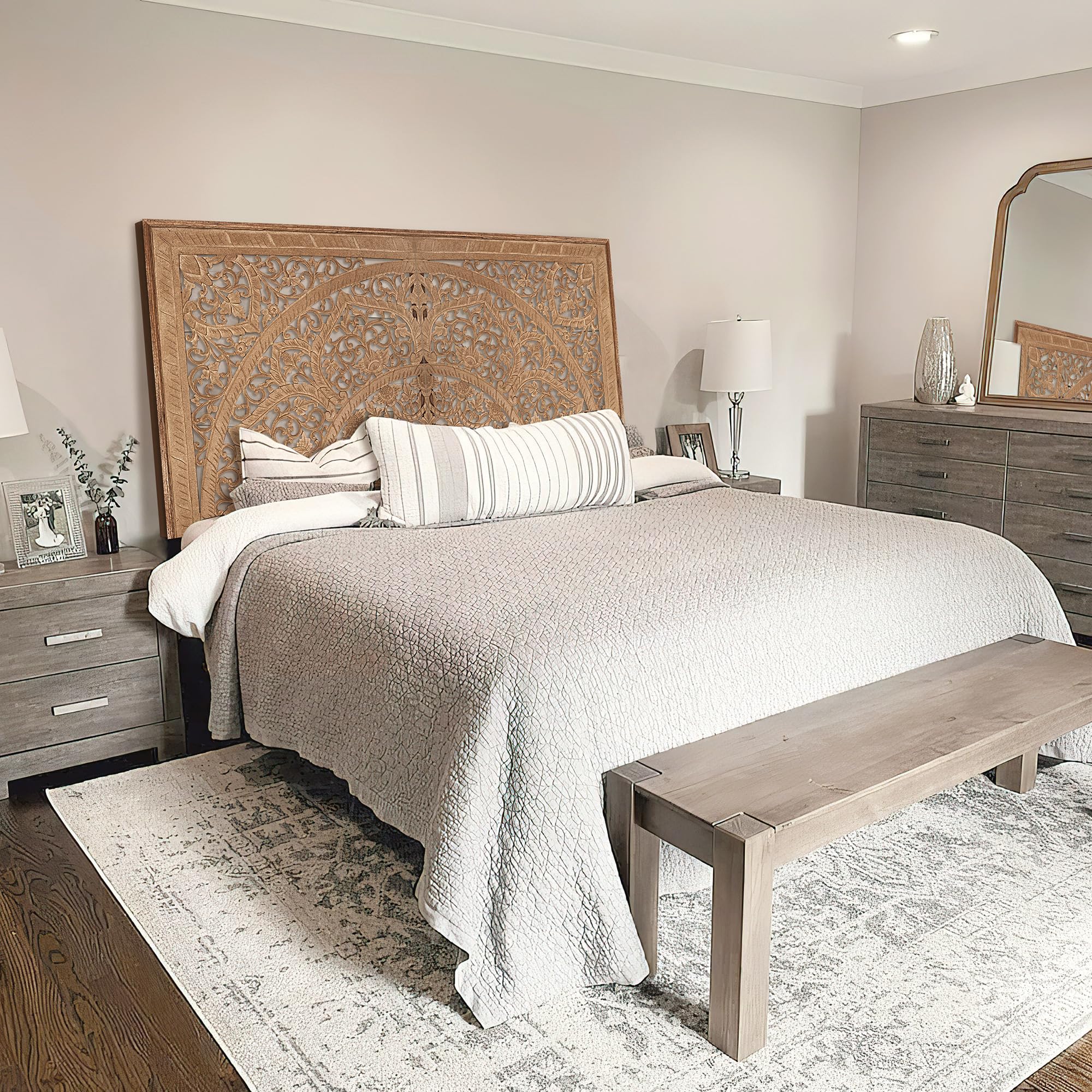 King Wood Headboard - Hand Carved Full Size Wall Mounted Headboard Panel for Bedroom Decor - Natural Finish for Cal King & Queen Beds - Perfect for Modern Farmhouse & Luxury Bedroom Designs