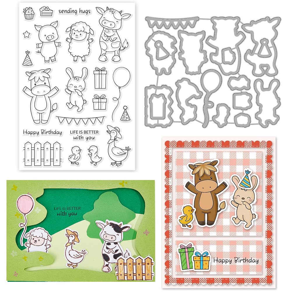 INFUNLY Farm Animal Clear Stamps and Dies Set - Cattle, Rabbit, Transparent Silicone Stamps for Card Making, DIY Crafts, Scrapbooking, Greeting Cards - Perfect for Birthday Cards, Home Decor, and Gift Wrapping