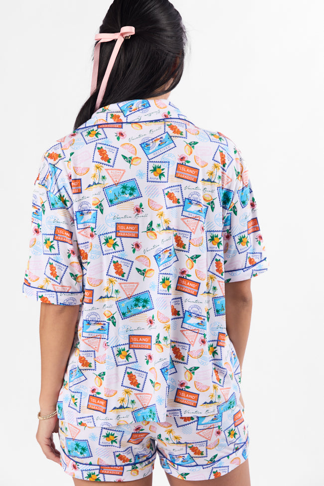 Under the Stars Postcards Short Sleeve Pajama Top for Women - Soft & Comfortable Sleepwear - Perfect for Nighttime Relaxation & Cozy Lounging