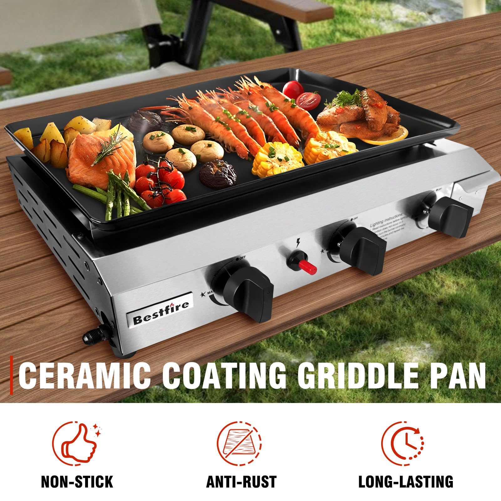 BESTFIRE 23-Inch Flat Top Grill with 3 Burners - 30,000 BTU Portable Propane Gas Griddle - Detachable Stainless Steel Outdoor Cooking Station for Backyard, Camping & Tailgating Parties