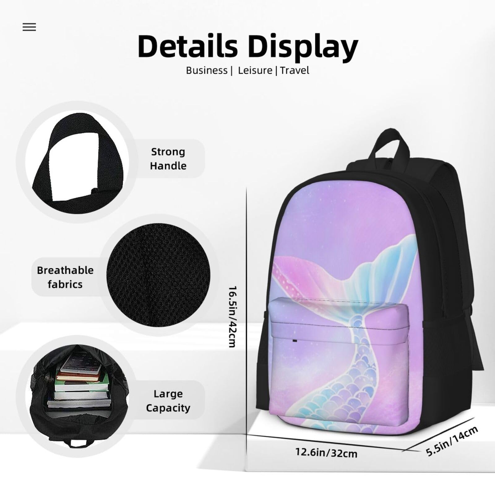 Delerain 17 Inch Mermaid Tail Backpack for School & Travel - Lightweight Laptop Book Bag for Teens Boys & Girls (1st-6th Grade) - Perfect for Daily Use, Classes & Weekend Adventures