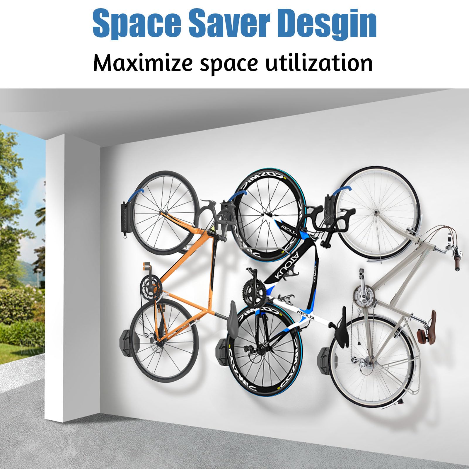 Swivel Bike Wall Mount Rack - Space Saving Garage Bike Hooks & Hangers - Vertical Storage Solution Holds Up to 70 lbs (4 Pack, Blue) - Perfect for Garage, Basement, or Apartment Bike Organization