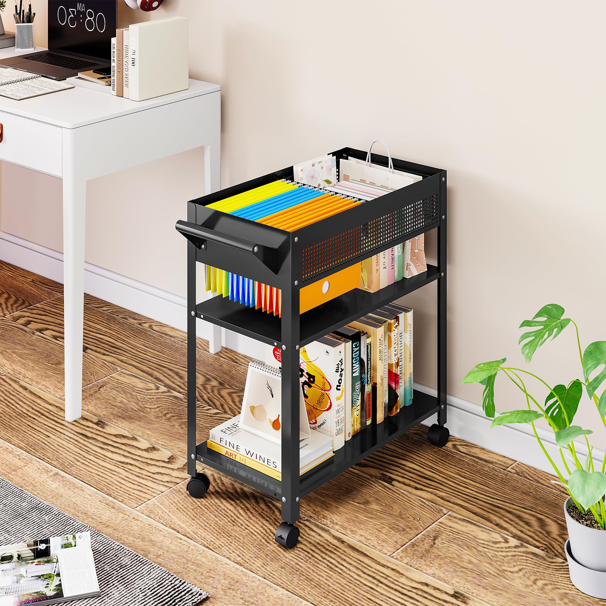 Black Mesh Rolling File Cart with Wheels - Hanging File Organizer Cabinet for A4/F4/Letter/Legal Files - Mobile Metal Filing Storage Cart for Home Office & Workspace Organization (Ideal for Documents, Office Supplies & Stationery Storage)