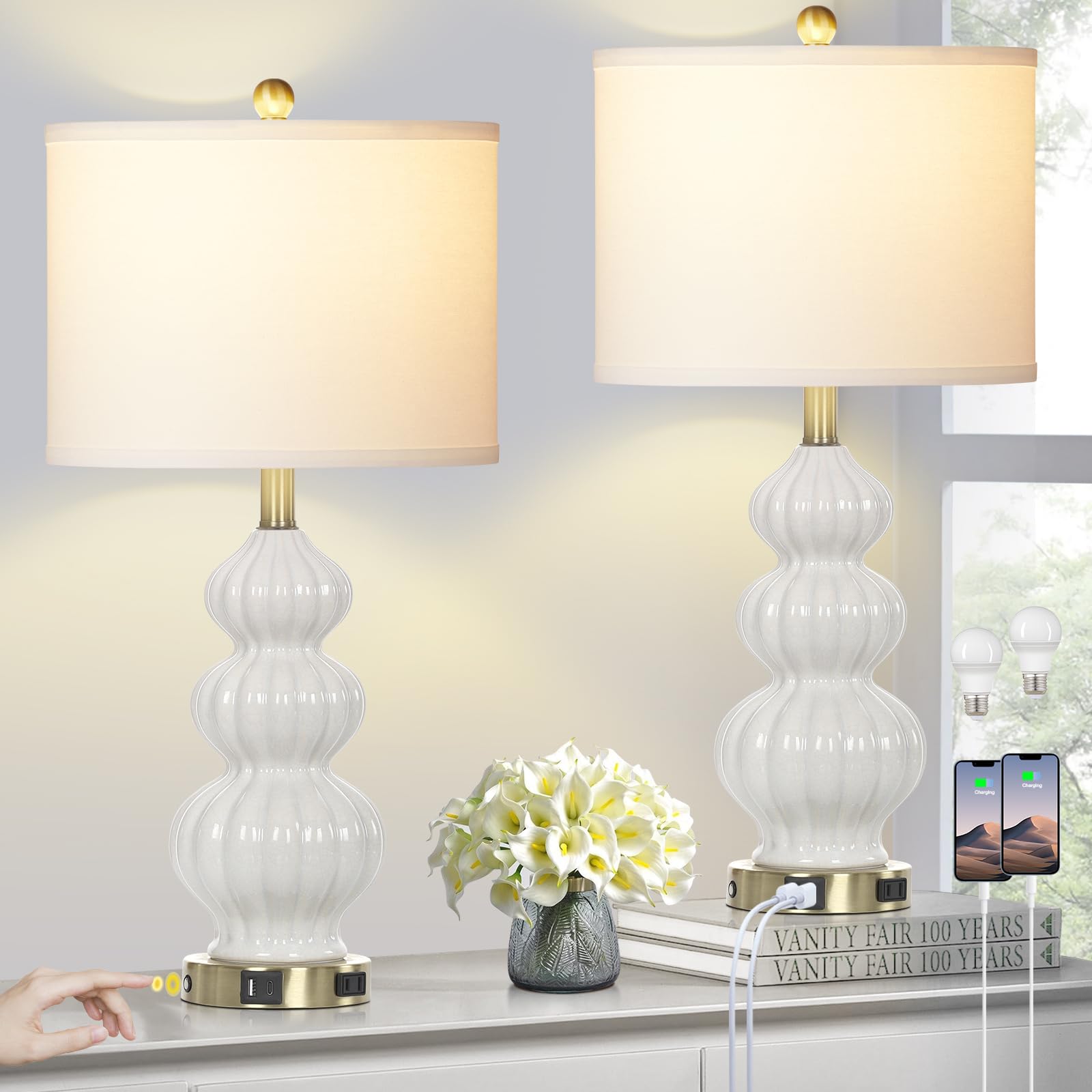 Modern Triple Gourd Ceramic Table Lamps Set of 2 - White USB Bedside Lamps with USB A+C Ports & AC Outlet, 3-Way Touch Control Nightstand Lighting for Bedroom, Living Room, Office - Perfect for Reading, Working & Home Decor