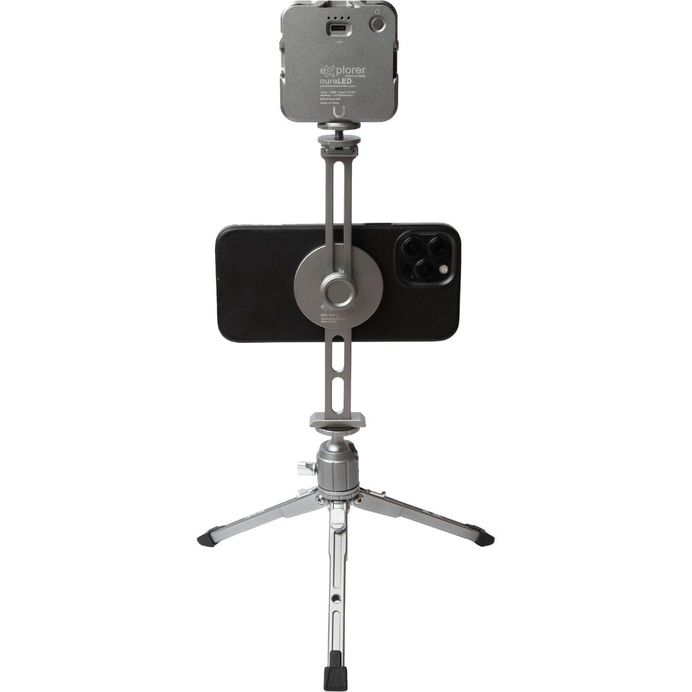 Explorer MX KIT Magnetic Phone Tripod Mount - Compatible with MagSafe iPhones, Includes Adjustable Tabletop Tripod & LED Light for Vlogging, Live Streaming, and Content Creation