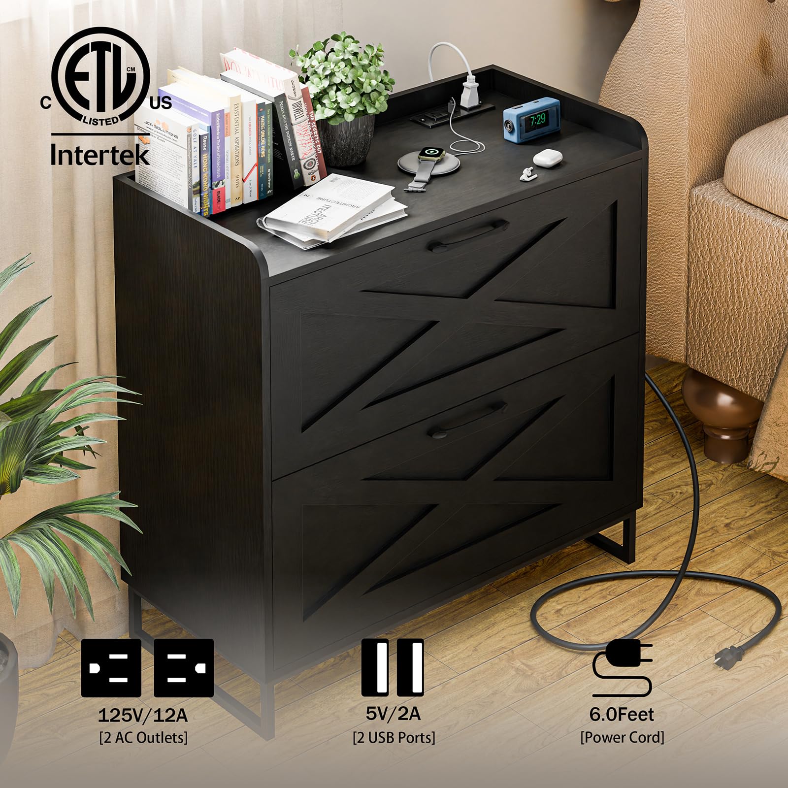 2-Drawer Lateral File Cabinet with Built-in Charging Station - Legal/Letter/A4 Hanging File Storage - Modern Farmhouse Wood Office Furniture (Black) - Perfect for Home Office Organization & Printer Stand