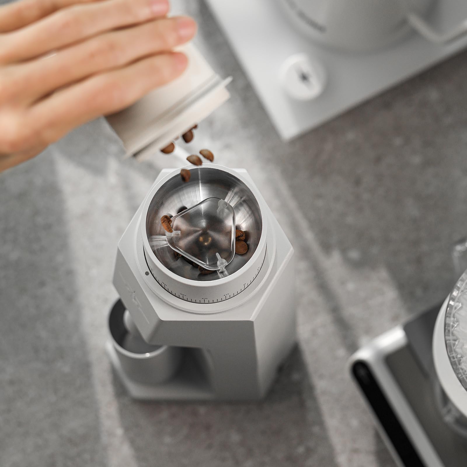 Premium Electric Conical Burr Coffee Grinder with Airtight Canister - Adjustable Grind Size for Espresso, Drip & French Press - Compact Countertop Design for Home & Office Use (White)