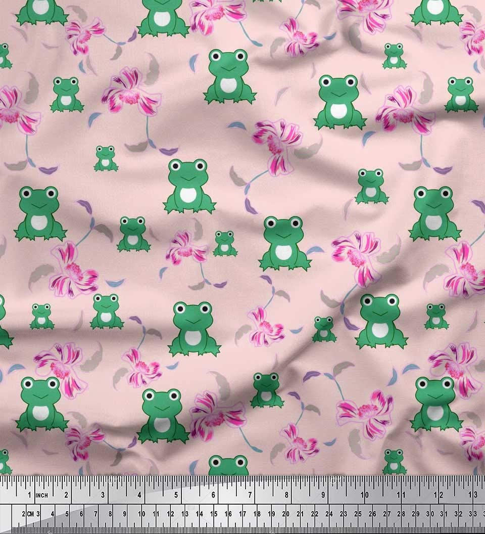 Soimoi Moss Georgette Brown Fabric by The Yard - 42 Inch Wide Floral & Frog Cartoon Print Fabric - Artistic Harmony Design for Dresses, Curtains & DIY Crafts