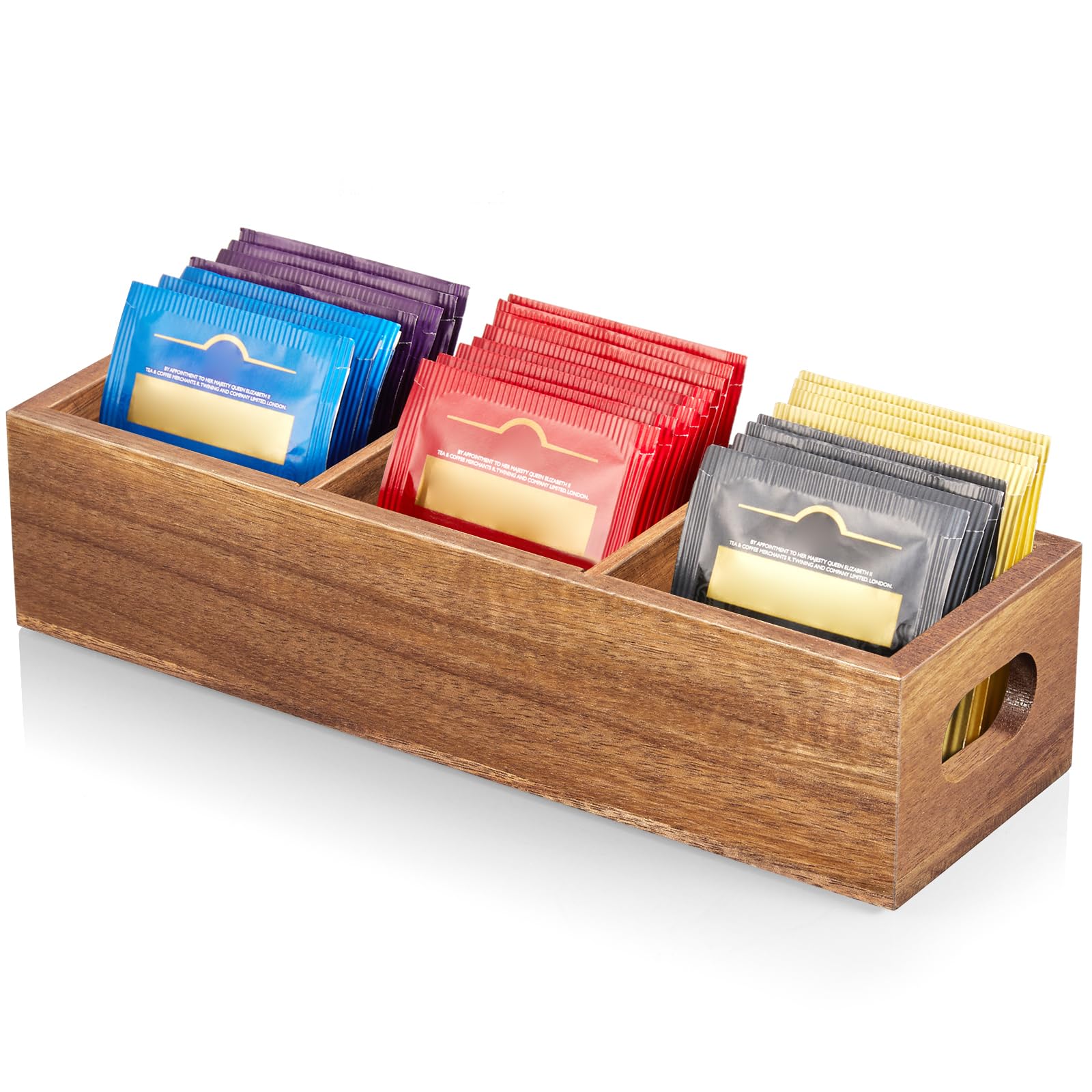 Acacia Tea Bag Holder - 3-Slot Wooden Organizer for Countertop Storage